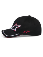 Alpinestars Corp Shift Relay Hat, Black Baseball Cap, side profile featuring 3D Astars logo embroidery in white and red, curved bill with white sutache trim and red sandwich detail, casual motorsport headwear