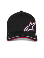 Alpinestars Corp Shift Relay Hat, Black Baseball Cap, curved bill with white trim and red sandwich, front-side 3D Astars logo embroidery in white and red, casual motorsport-inspired sportswear
