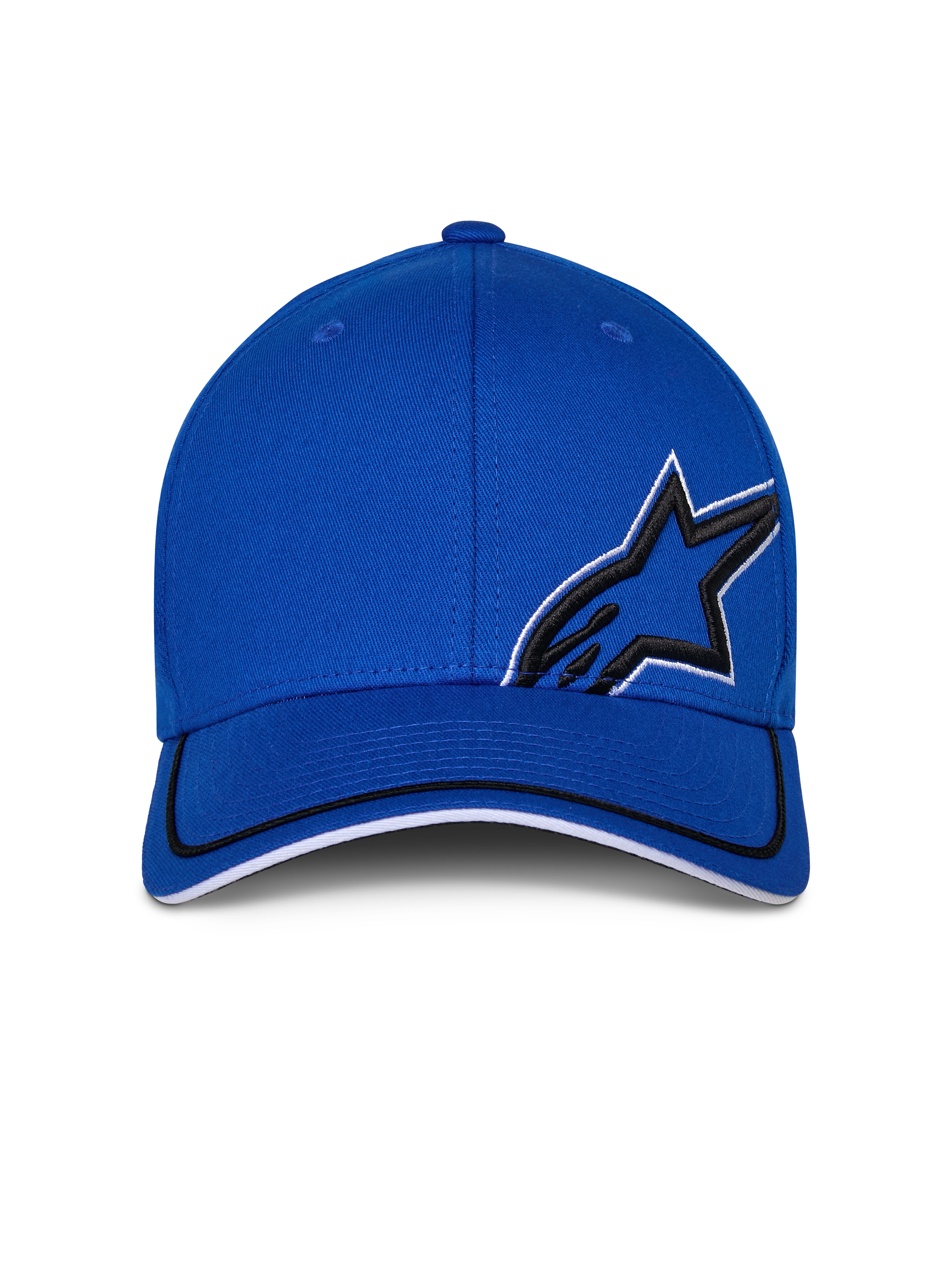 Alpinestars Corp Shift Relay Hat, Blue, structured baseball cap with curved bill, featuring black 3D Astars logo embroidery with white outline, black and white sandwich trim on bill, casual motorsport streetwear