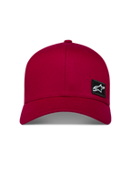 Alpinestars Pivot Kappe, dunkelrote Sport-Cap, gebogener Schirm, strukturierte Krone, Twill, schwarzer Astars Logo-Patch.