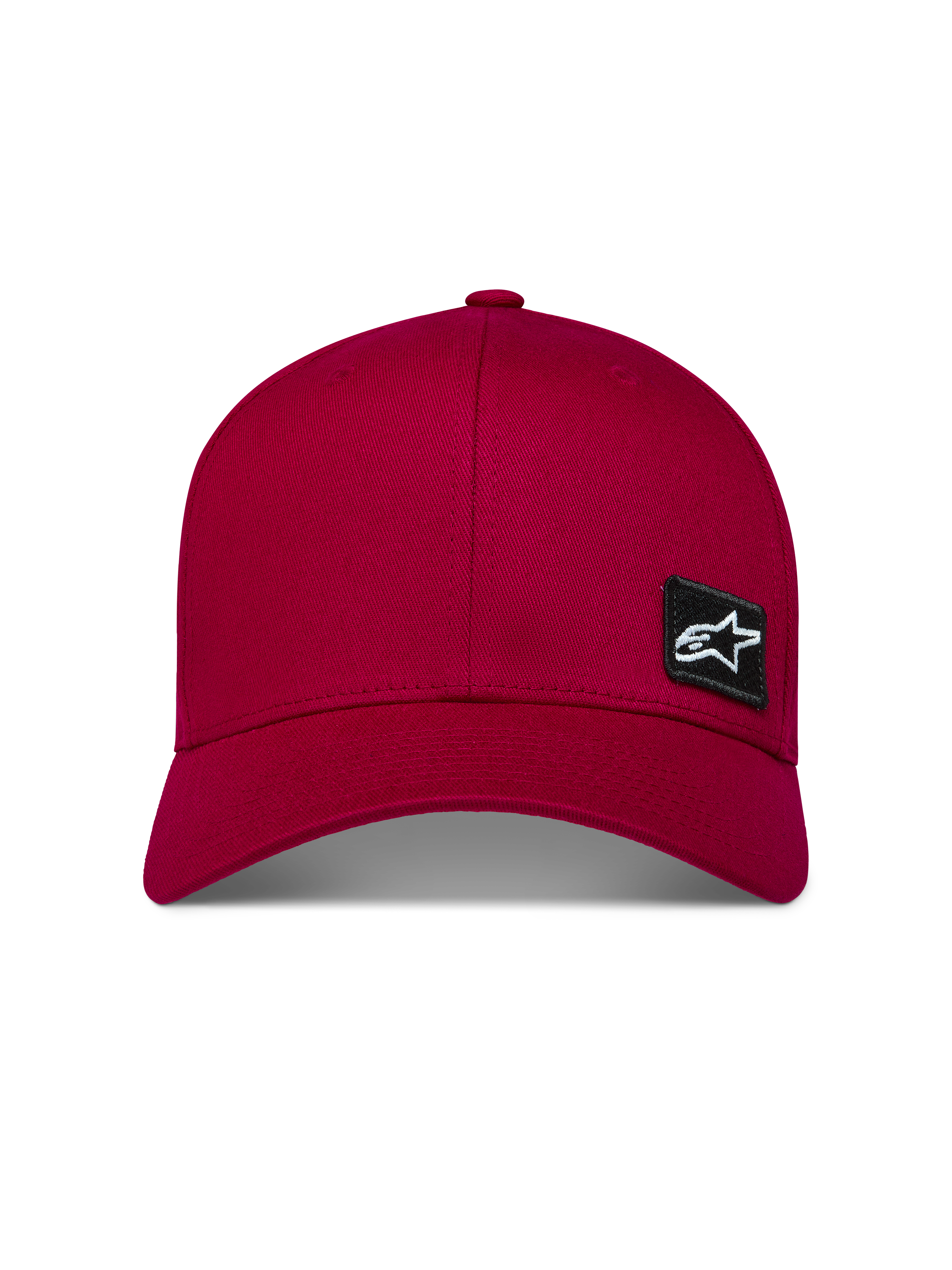Alpinestars Pivot Kappe, dunkelrote Sport-Cap, gebogener Schirm, strukturierte Krone, Twill, schwarzer Astars Logo-Patch.