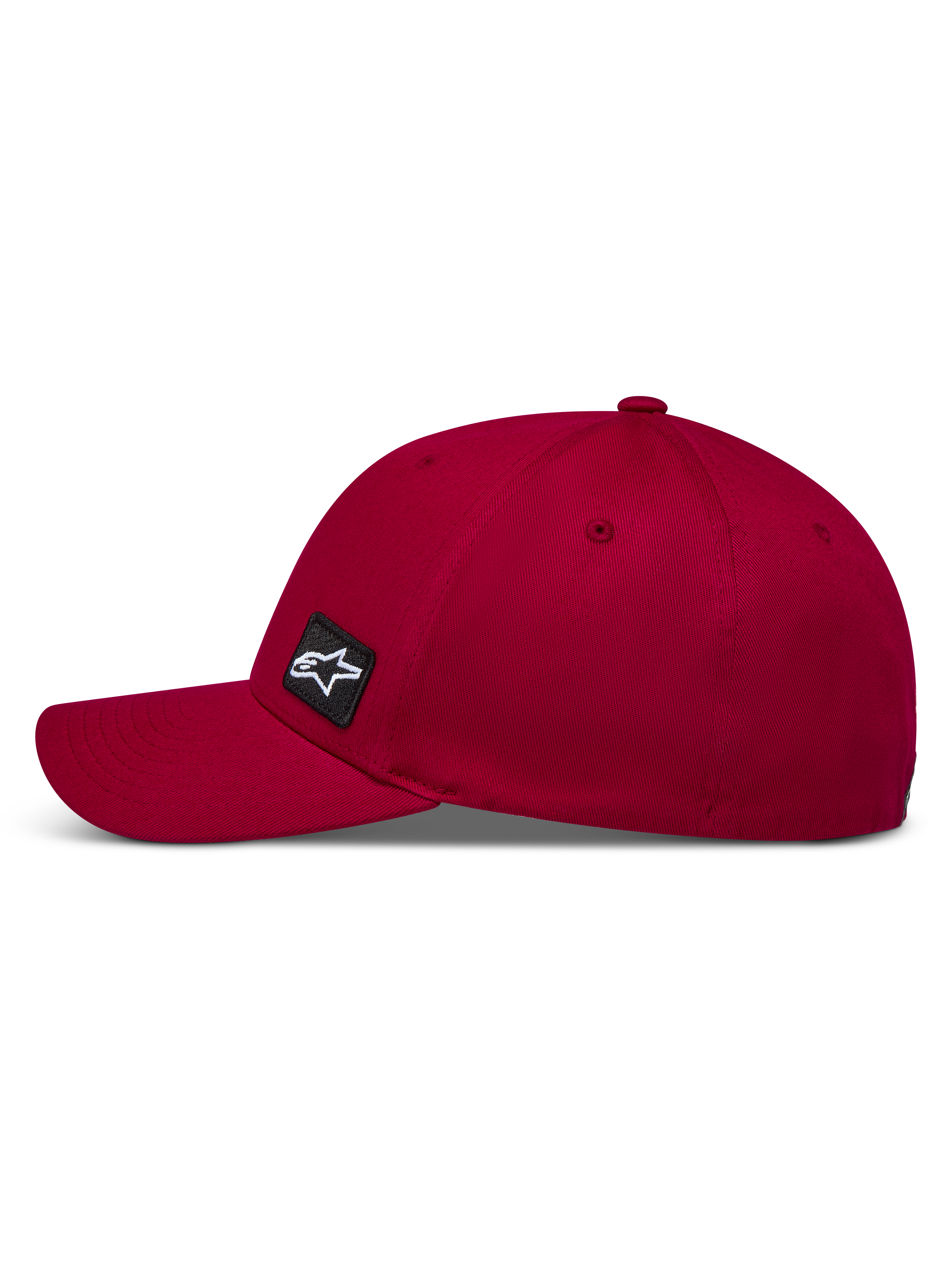 Alpinestars Pivot Kappe, dunkelrote Sportswear-Kappe aus Twill-Stoff mit gebogenem Schirm, Flex-Rückseite und besticktem Astars-Logo-Patch, seitliche Profilansicht