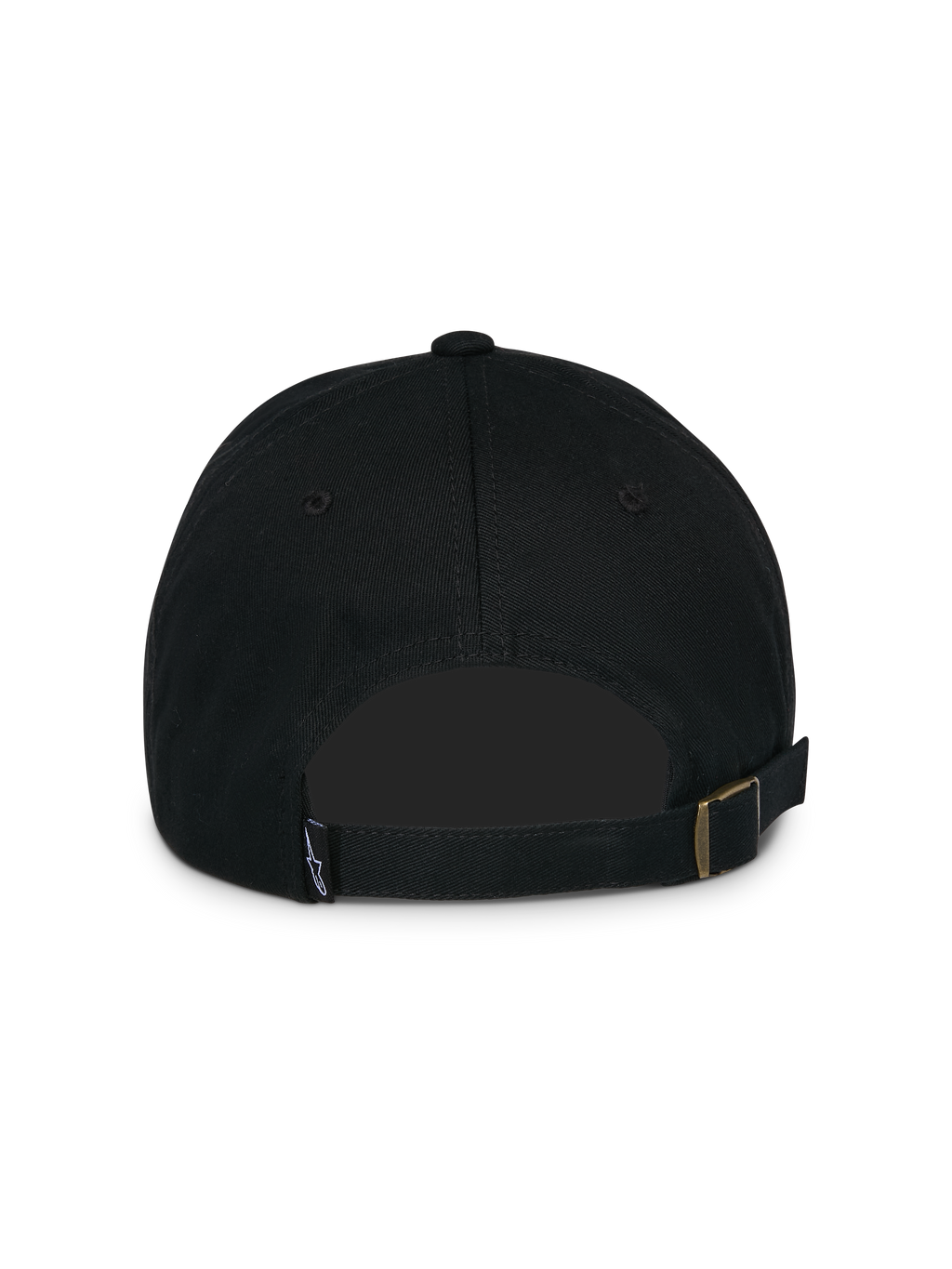 Alpinestars Calipalm Strapback Hat, Black, back view featuring an adjustable strapback closure with a metal buckle, small woven logo label, and unstructured cotton twill construction