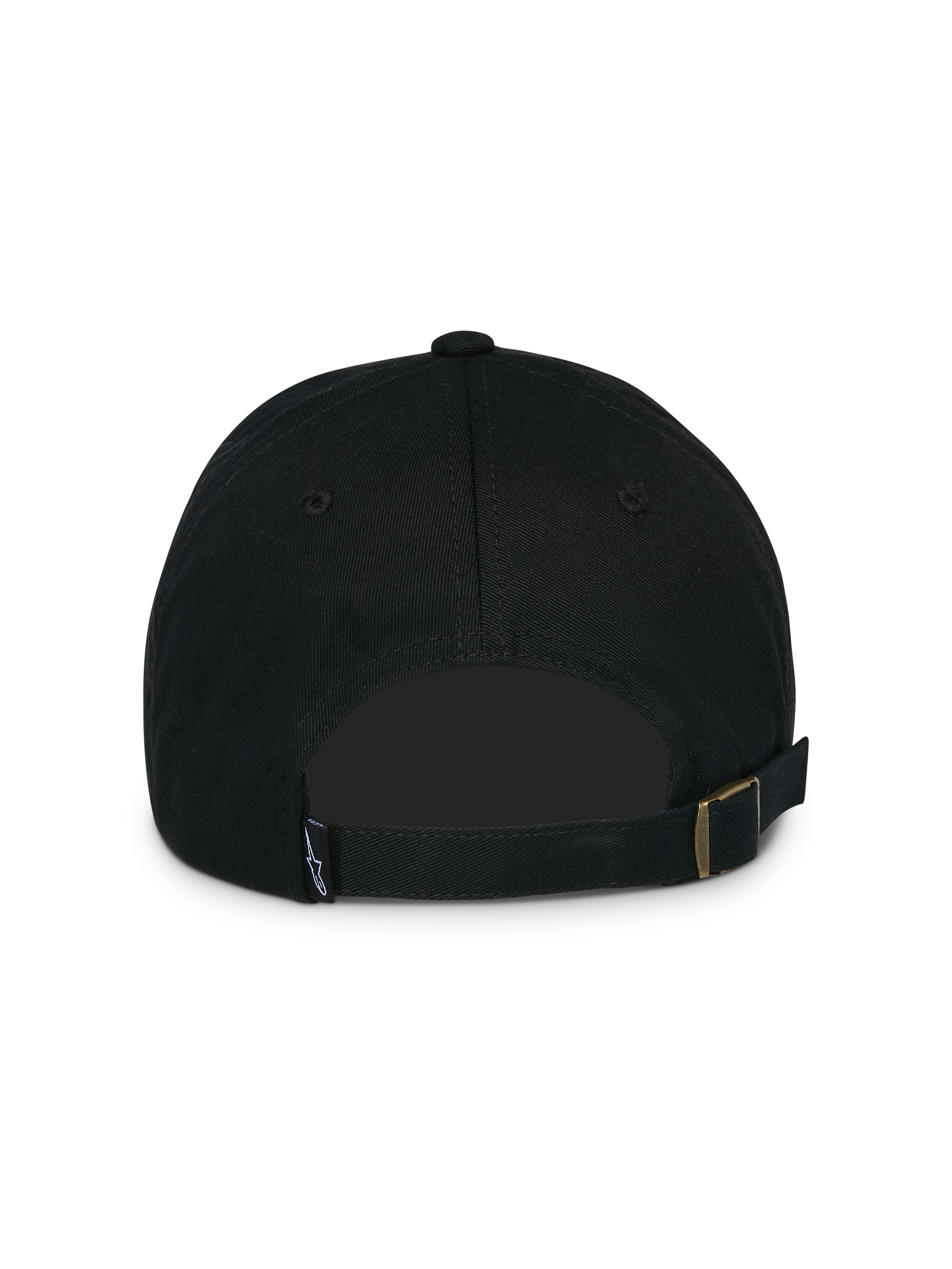 Alpinestars Calipalm Strapback Hat, Black, back view featuring an adjustable strapback closure with a metal buckle, small woven logo label, and unstructured cotton twill construction