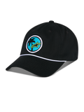 Alpinestars Calipalm Strapback Hat, Black, unstructured low crown with curved bill, white rope detail, front circular patch featuring a palm tree and lime green Astars logo, casual sportswear