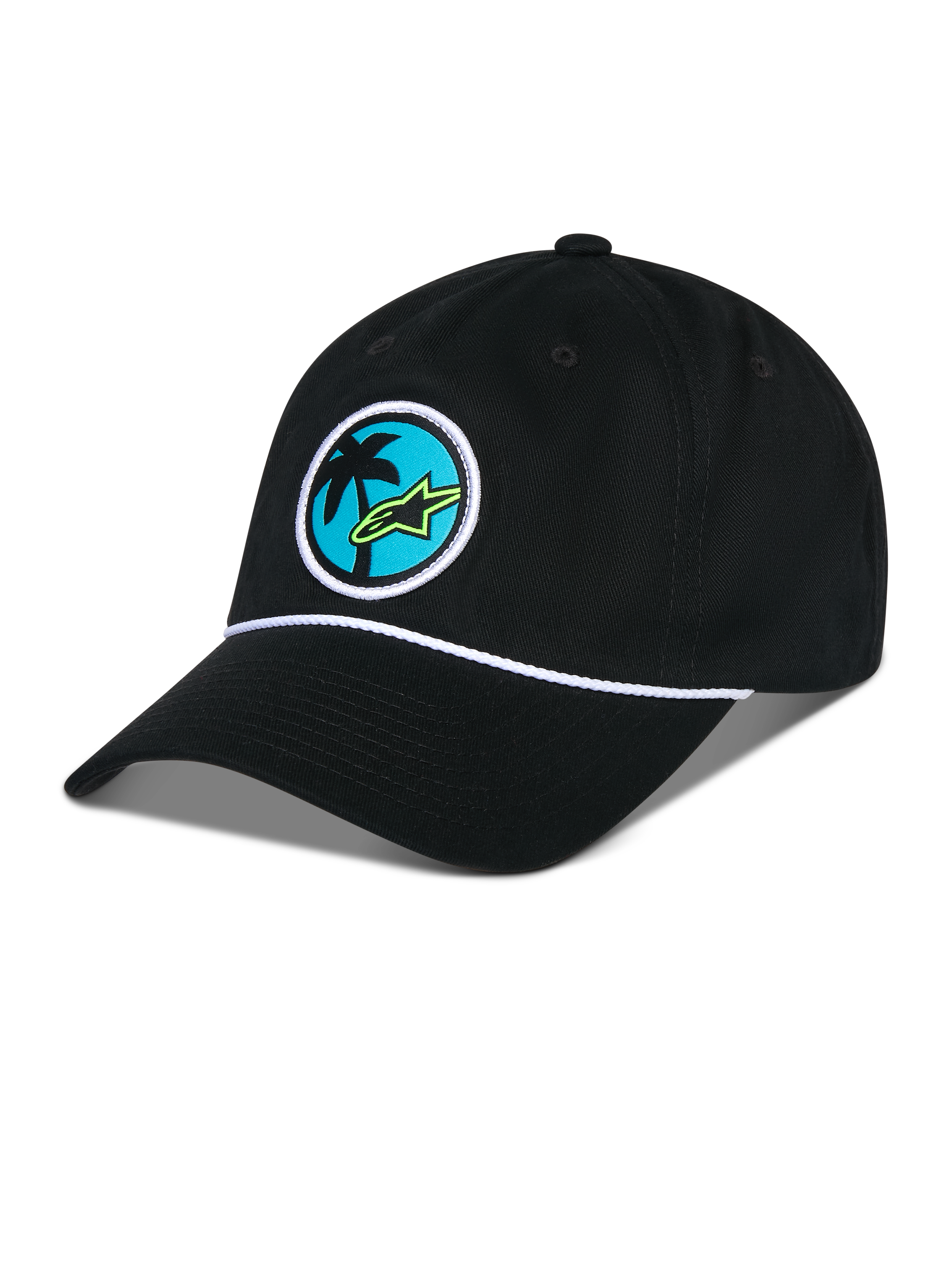 Alpinestars Calipalm Strapback Hat, Black, unstructured low crown with curved bill, white rope detail, front circular patch featuring a palm tree and lime green Astars logo, casual sportswear
