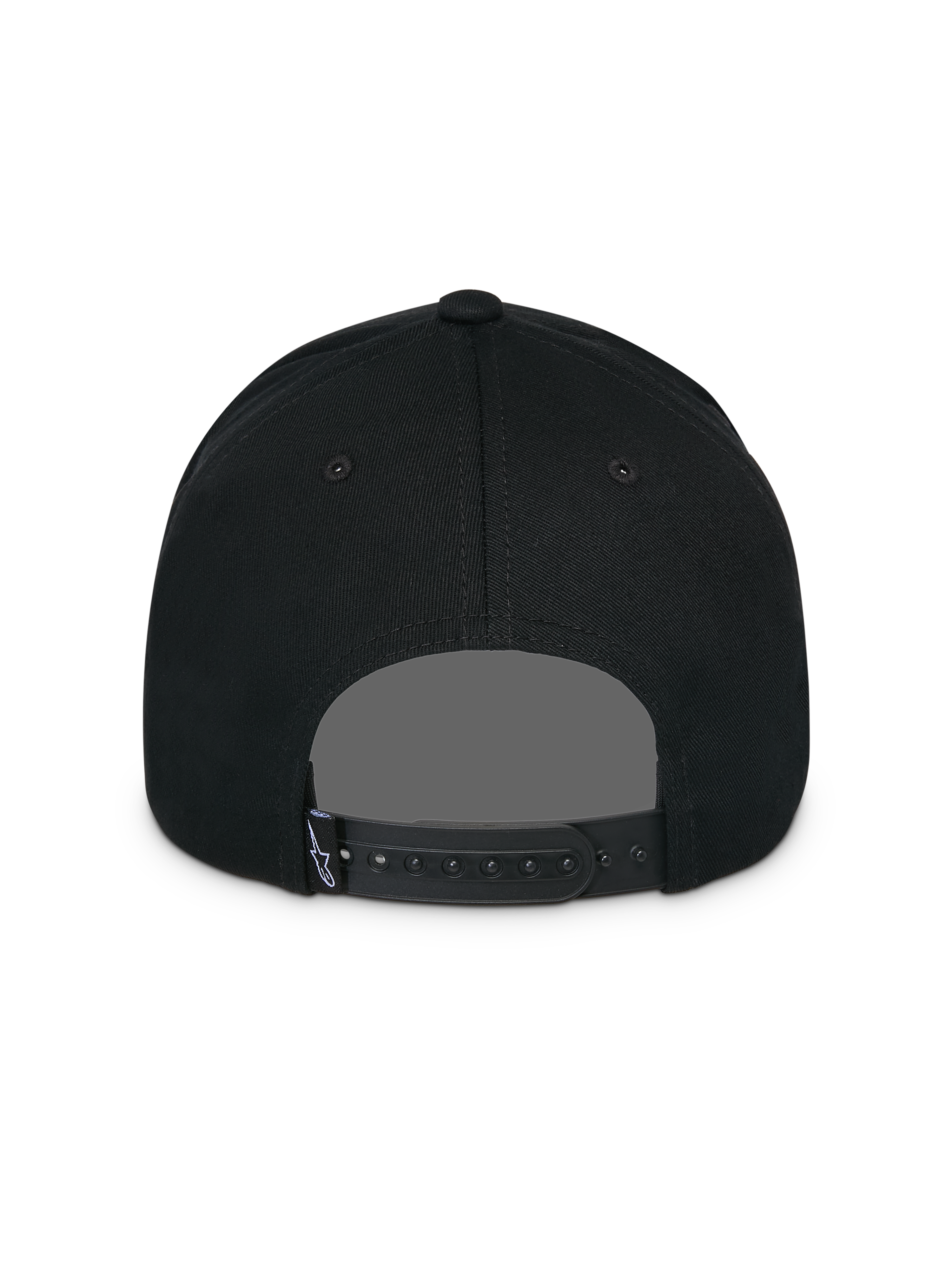 Alpinestars Lucid Snapback Kappe, Schwarz, Rückansicht, mit verstellbarem Snapback-Verschluss und kleinem Astars-Logo-Etikett, strukturierte Krone, lässige vom Motorsport inspirierte Kopfbedeckung