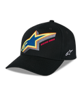 Alpinestars Lucid Snapback Kappe, Schwarze strukturierte Baseballkappe, lebhafte mehrfarbige Astars-Logo-Stickerei mit „Racing Ahead“-Schriftzug auf der Vorderseite, gebogener Schirm, weiße seitliche Logo-Stickerei, lässige Motorsport-Kopfbedeckung