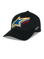 Alpinestars Lucid Snapback Kappe, Schwarze strukturierte Baseballkappe, lebhafte mehrfarbige Astars-Logo-Stickerei mit „Racing Ahead“-Schriftzug auf der Vorderseite, gebogener Schirm, weiße seitliche Logo-Stickerei, lässige Motorsport-Kopfbedeckung