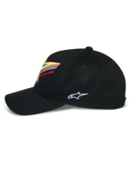 Alpinestars Lucid Snapback Kappe, Schwarz, strukturierte Krone mit gebogenem Schirm, lebhafte mehrfarbige Astars-Logo-Stickerei vorne, weißes Seitenlogo, lässige vom Motorsport inspirierte Sportbekleidung