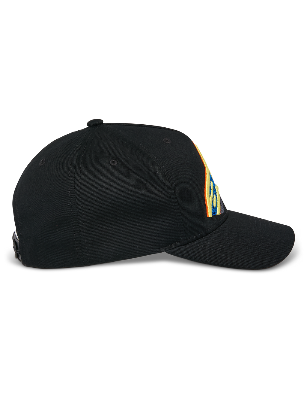 Alpinestars Lucid Snapback Kappe, Schwarz, Seitenansicht, gebogener Schirm mit strukturierter Krone, lebhafte mehrfarbige Logo-Stickerei, 100 % Baumwoll-Twill-Gewebe.