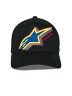 Alpinestars Lucid Snapback Kappe, Schwarz, Vorderansicht mit lebhafter, mehrfarbiger Astars-Logo-Stickerei und „Racing Ahead“-Schriftzug, gebogener Schirm und strukturierte Krone, lässige Sportbekleidung