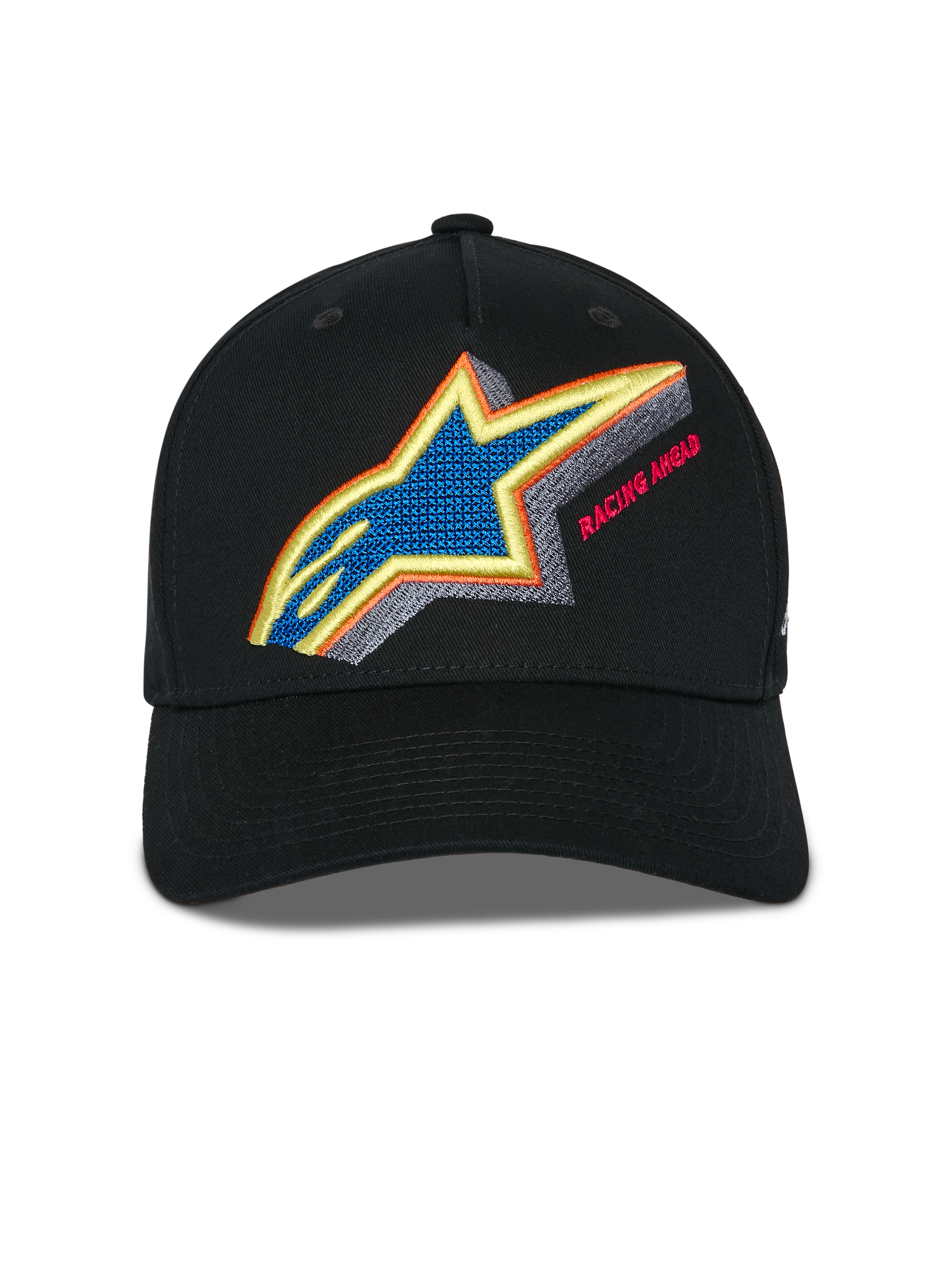 Alpinestars Lucid Snapback Kappe, Schwarz, Vorderansicht mit lebhafter, mehrfarbiger Astars-Logo-Stickerei und „Racing Ahead“-Schriftzug, gebogener Schirm und strukturierte Krone, lässige Sportbekleidung