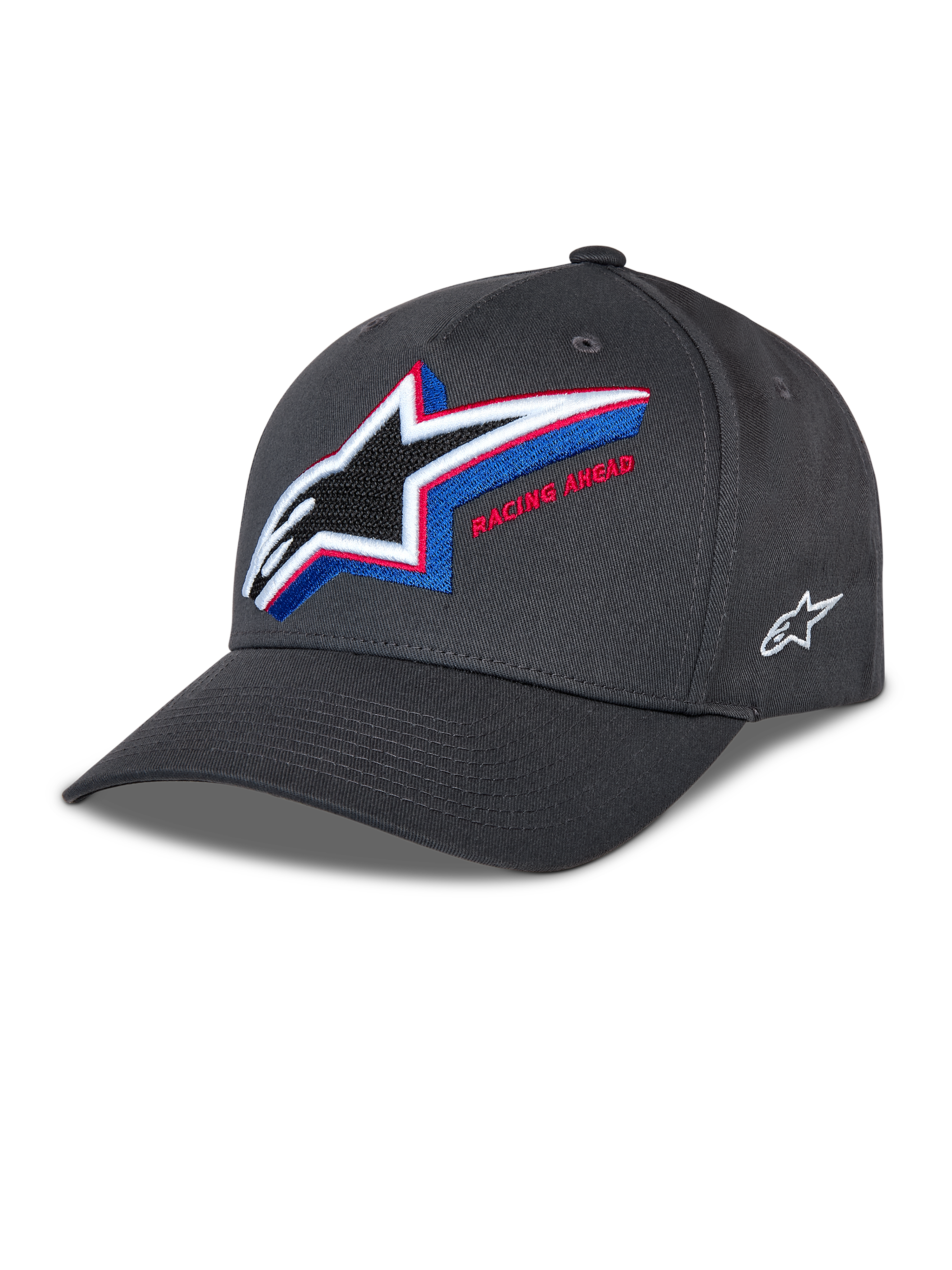 Alpinestars Lucid Snapback Hat, Charcoal Gray baseball cap, curved bill with structured crown, large multi-color embroidered Astars logo on front with 'Racing Ahead' text, small white side logo, casual motorsport style