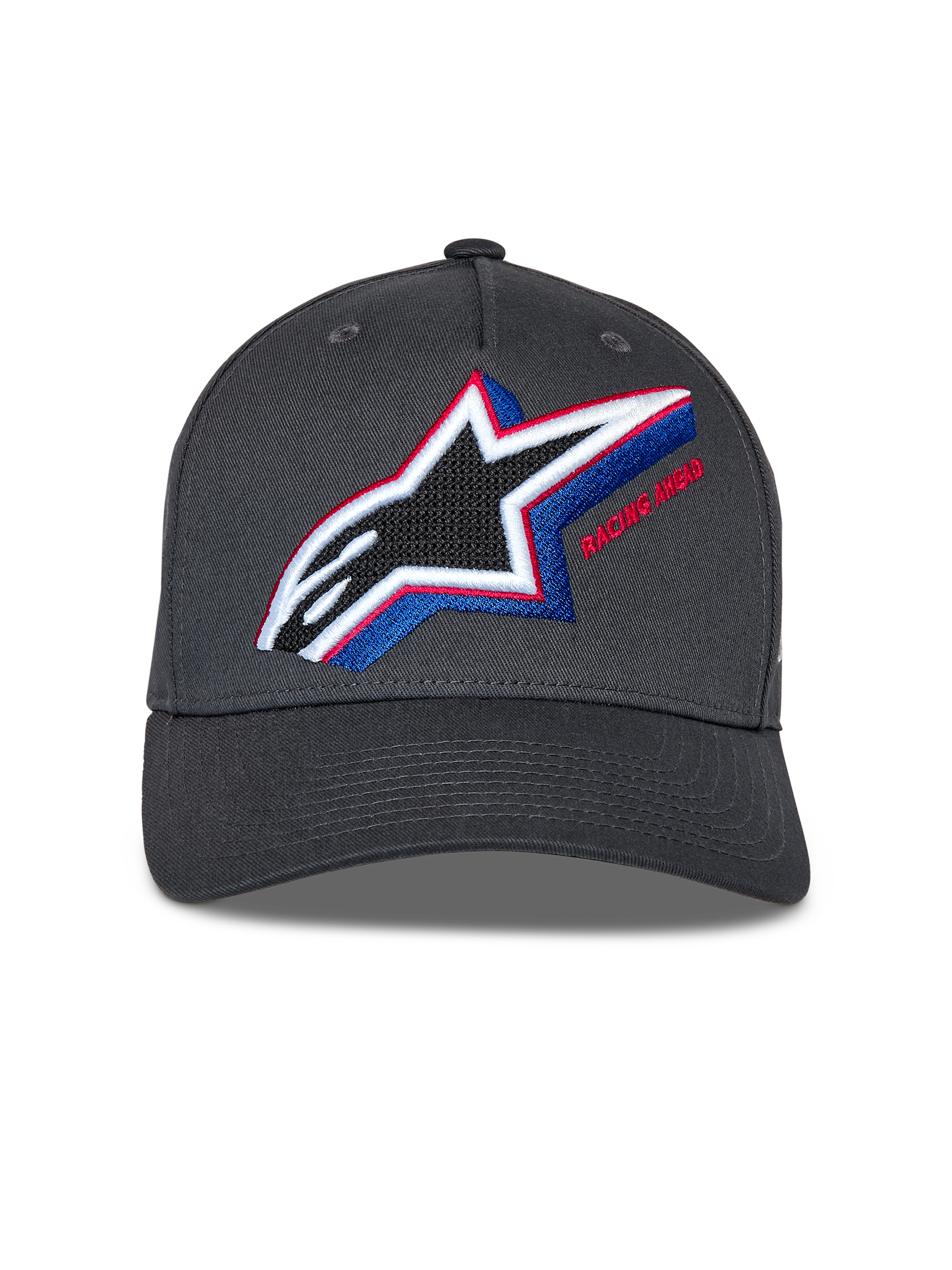 Alpinestars Lucid Snapback Hat, Charcoal Gray, featuring multi-color embroidered Astars logo with red and blue accents, curved bill, structured crown, casual motorsport streetwear