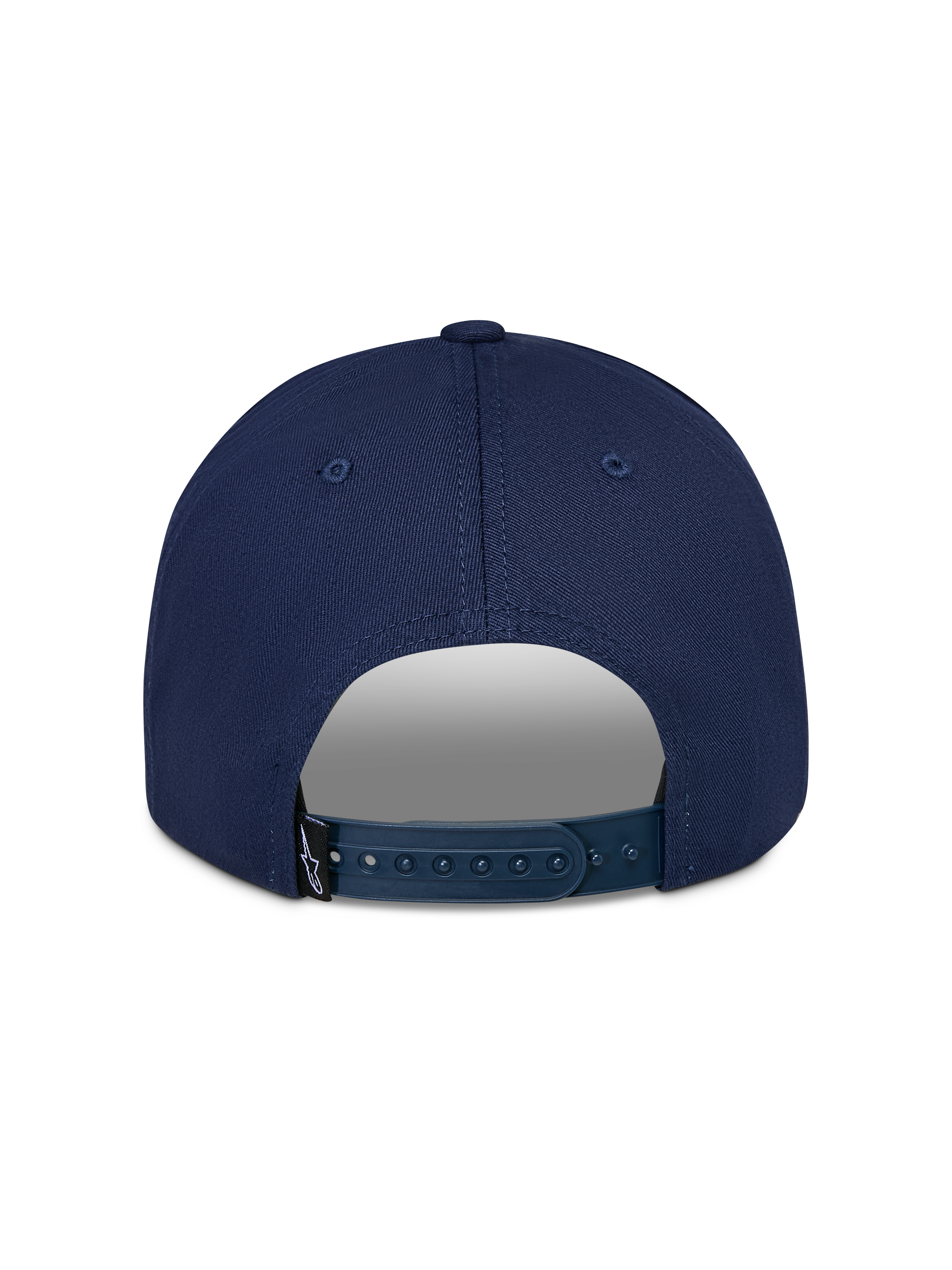 Alpinestars Trifecta Snapback Hat, Navy, back view featuring adjustable snapback closure, small black logo tag, durable cotton twill, casual motorsport streetwear