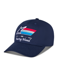 Alpinestars Trifecta Snapback Hat, Navy Blue, curved bill with structured crown, front embroidered Astars logo with red, white, and light blue stripes, 'Racing Ahead' and 'Goal One Vision' white text, casual motorsport headwear