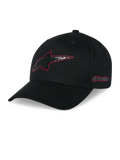 Alpinestars Carbon Fiber Snapback Hat, Black, curved bill with structured crown, front Astars logo with red outline and carbon fiber look, side Alpinestars wordmark in red, casual motorsport headwear