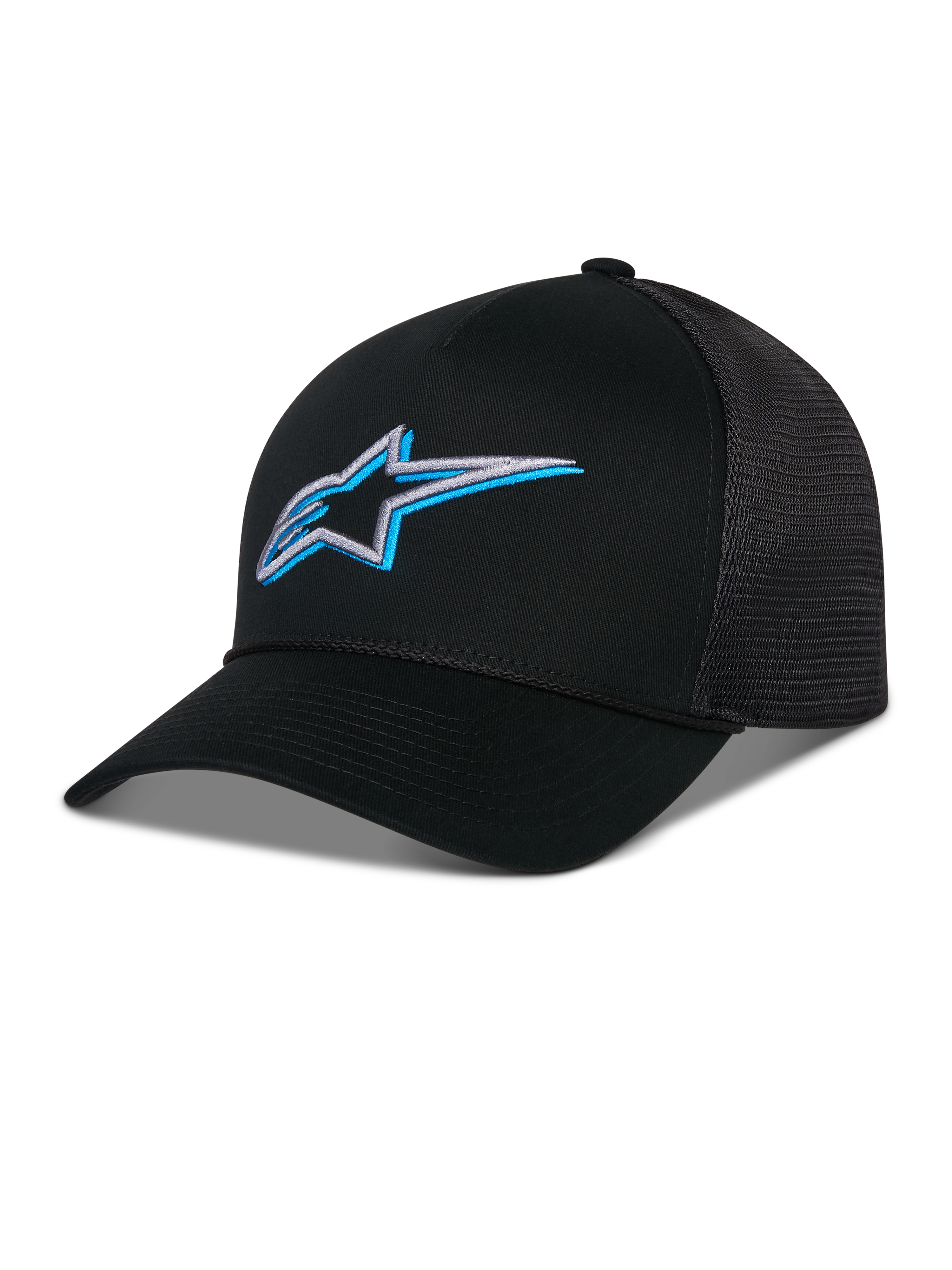 Alpinestars Ageless Shadow Trucker Mütze, Schwarz mit blauem und silbernem 3D-besticktem Stern-Logo, gebogener Schirm und atmungsaktive Mesh-Einsätze hinten, lässige vom Motorsport inspirierte Kopfbedeckung