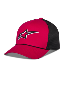 Alpinestars Ageless Shadow Trucker Mütze, Rot und Schwarz, mit roter strukturierter Krone, gebogenem Schirm und schwarzen Mesh-Einsätzen hinten, weiß und schwarz gesticktes Astars-Logo auf der Vorderseite, lässige, vom Motorsport inspirierte Kopfbedeckung