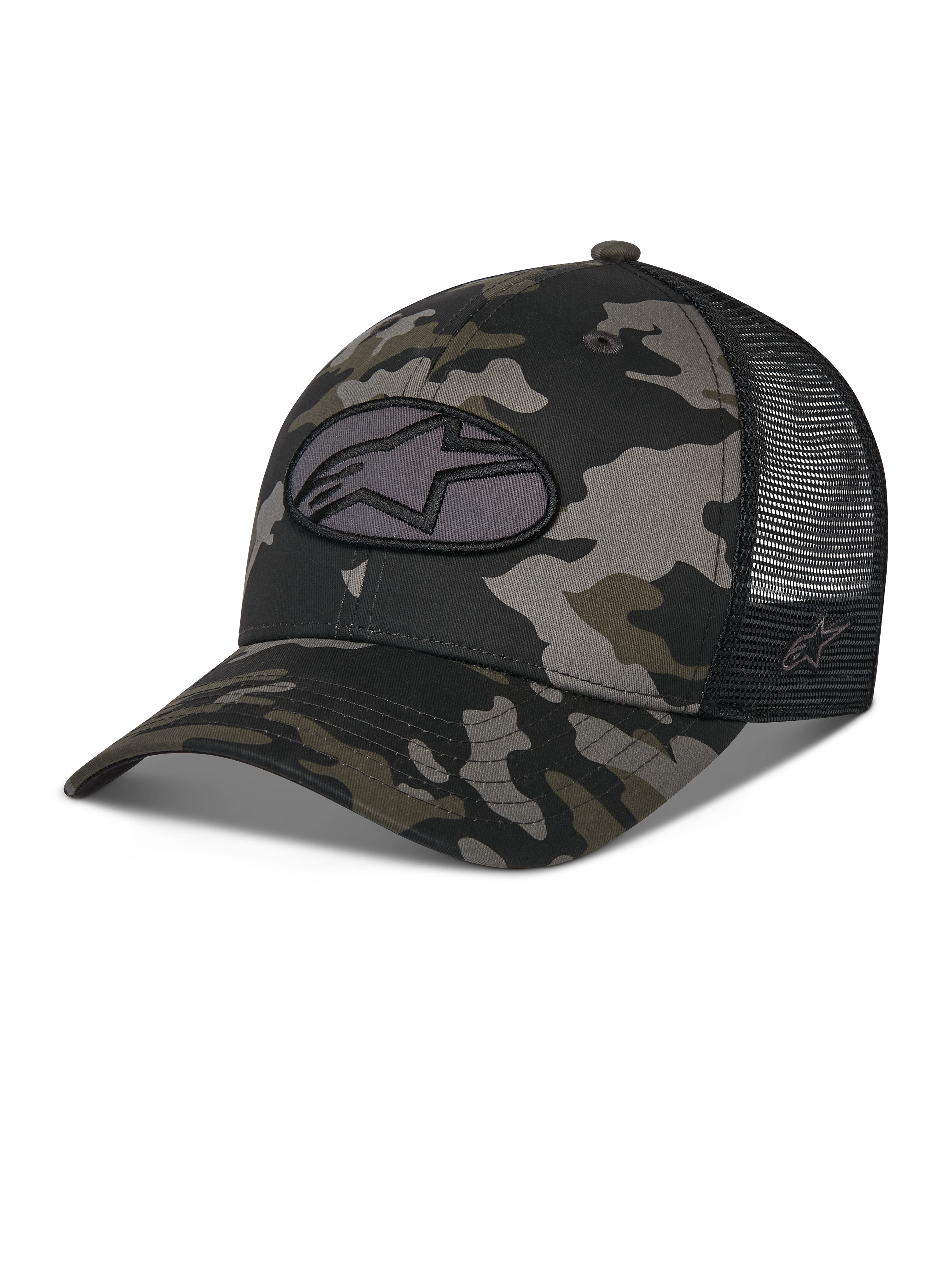Alpinestars Oblique Camo Trucker Cap, schwarzes Camouflage-Muster mit schwarzer Mesh-Rückseite, ovaler Astars-Logo-Stickpatch vorne, gebogener Schirm und strukturierte Krone, lässige, vom Motorsport inspirierte Kopfbedeckung