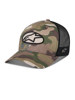 Alpinestars Oblique Camo Trucker Hat, Green Camo and Black, twill camouflage front with black mesh back, front oval Alpinestars logo patch, curved bill, casual motorsport headwear