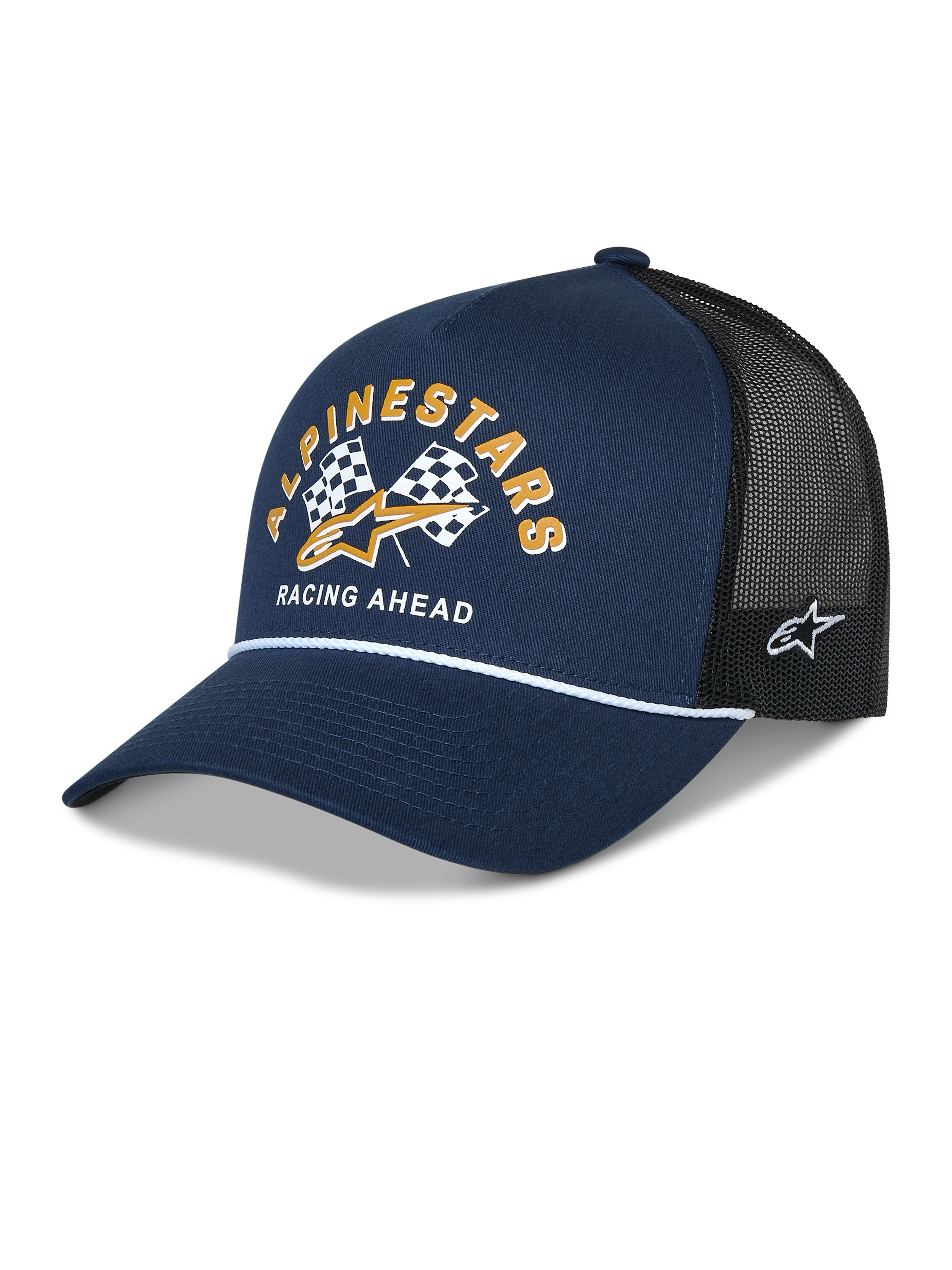 Alpinestars Finisher Trucker Hat, Navy Blue and Black, curved bill with white rope detail, front Alpinestars checker flags graphic with gold logo and "Racing Ahead" text, side Astars logo embroidery, casual motorsport headwear.