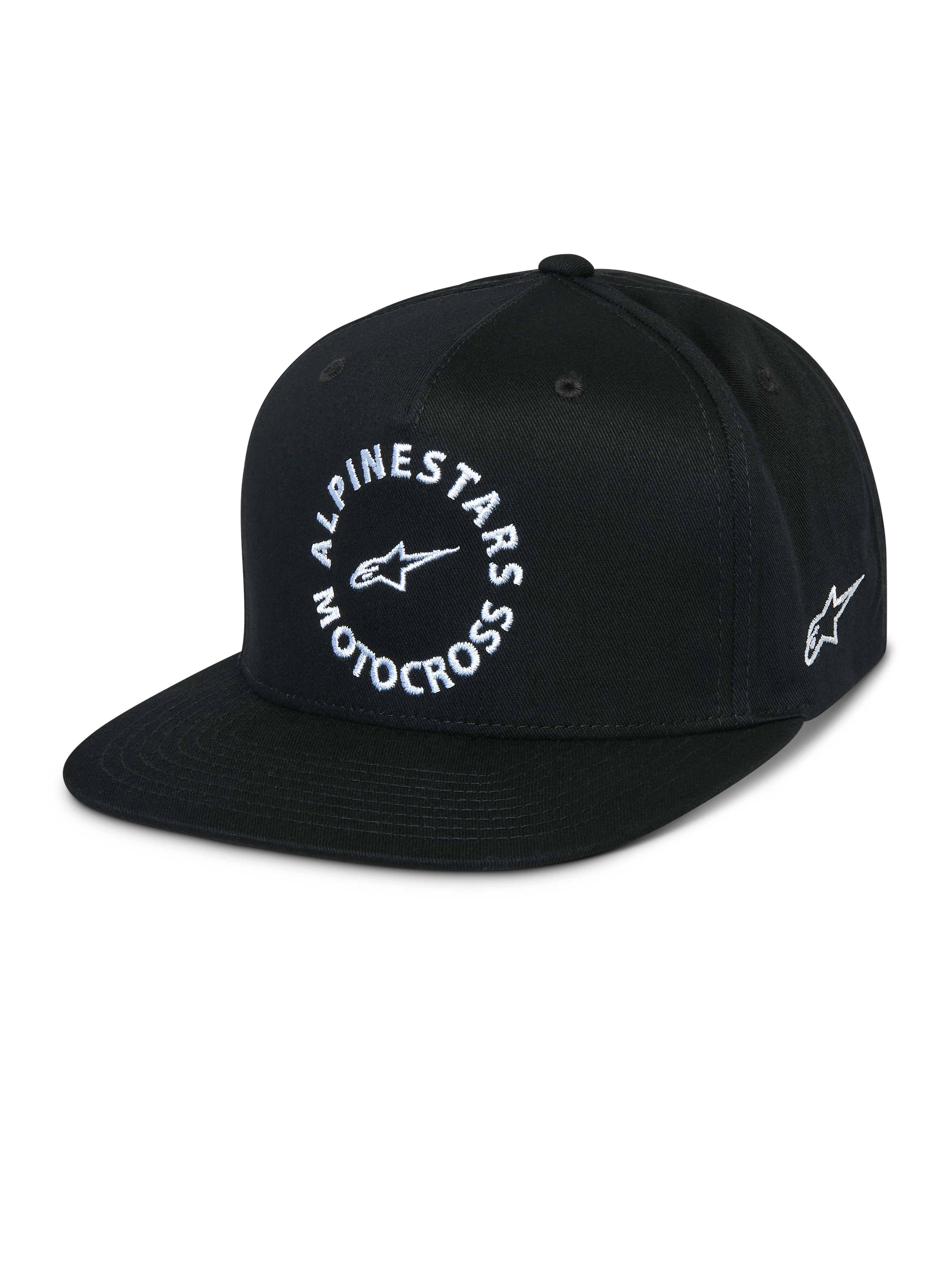 Alpinestars MX Snapback Kappe, schwarze Cap mit flachem Schirm, strukturierte Krone, weiße kreisförmige Alpinestars Motocross-Grafik vorne, gesticktes Astars-Logo an der Seite, 100 % Baumwoll-Twill, lässige Motorsport-Sportbekleidung
