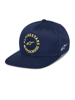 Alpinestars MX Snapback Kappe, Dunkelblau, Flacher Schirm mit strukturierter Krone, Gelbe Alpinestars Motocross Stickerei auf der Vorderseite, Weißes Astars Logo an der Seite, Baumwolltwill, Lässige Motorsport-Kopfbedeckung
