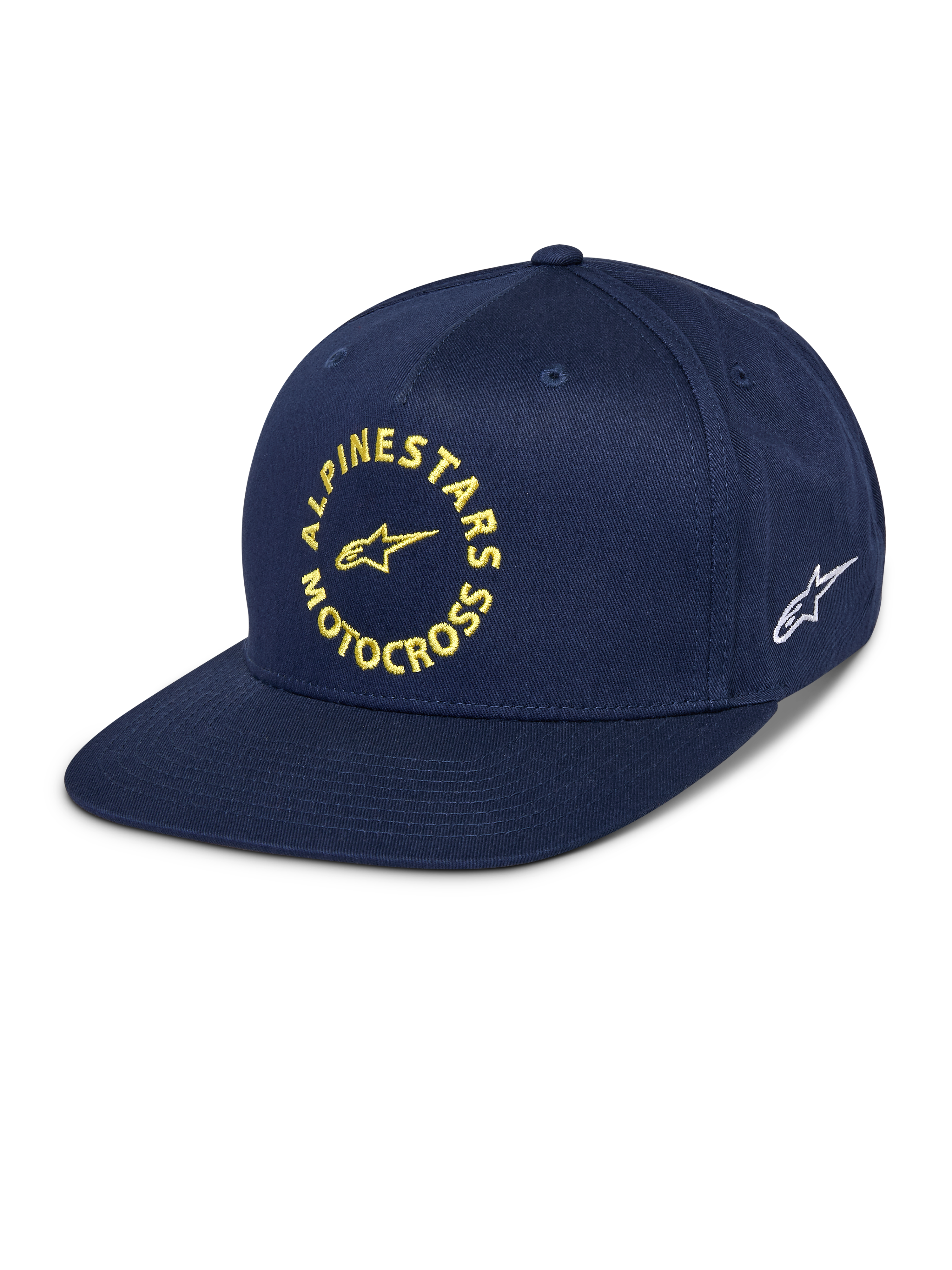 Alpinestars MX Snapback Kappe, Dunkelblau, Flacher Schirm mit strukturierter Krone, Gelbe Alpinestars Motocross Stickerei auf der Vorderseite, Weißes Astars Logo an der Seite, Baumwolltwill, Lässige Motorsport-Kopfbedeckung