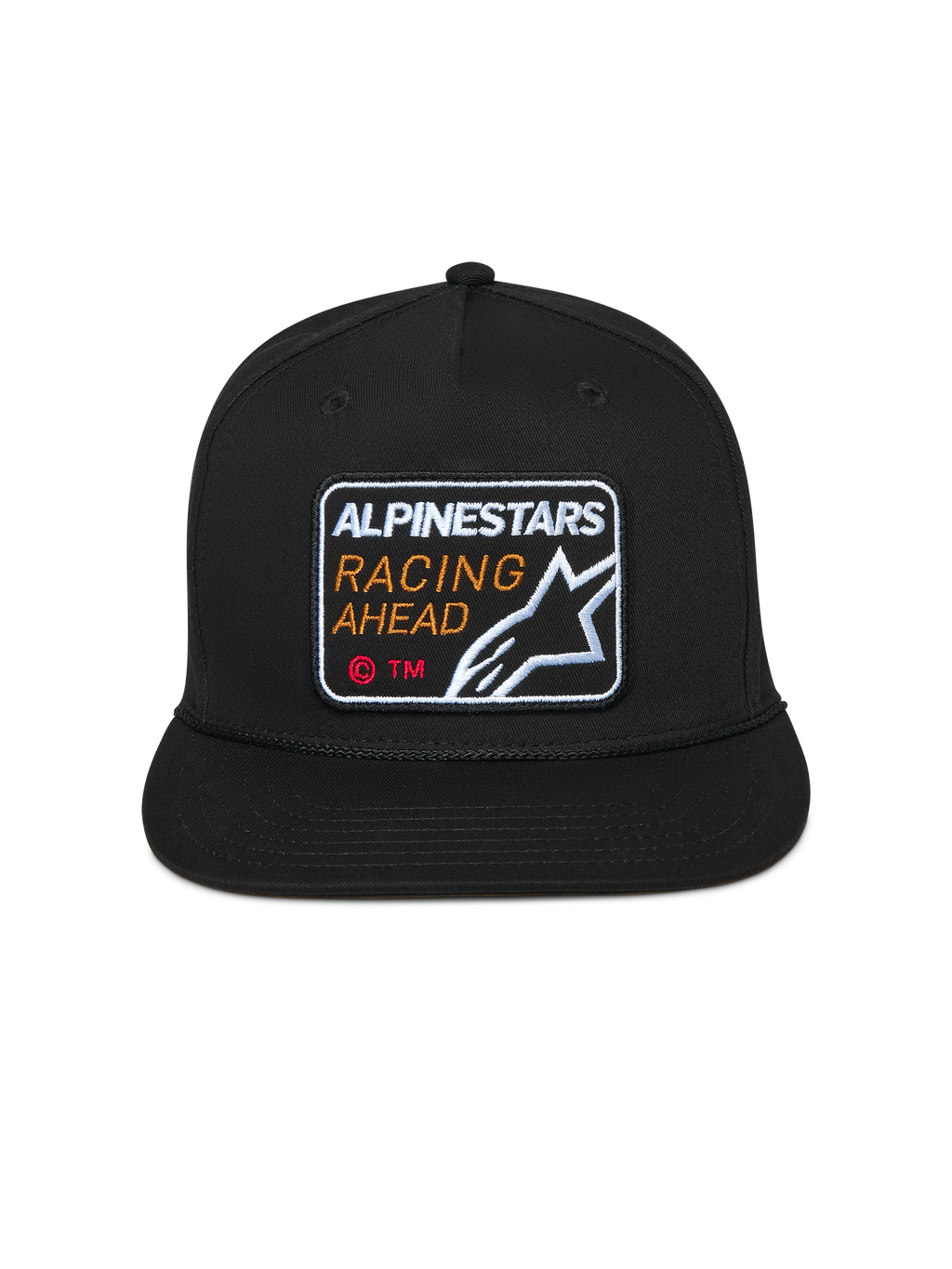Alpinestars Intuitive Snapback-Kappe, Schwarz, Bestickter Alpinestars Racing Ahead Aufnäher vorne, Flacher Schirm mit strukturierter Krone, Lässige Motorsport-Kopfbedeckung