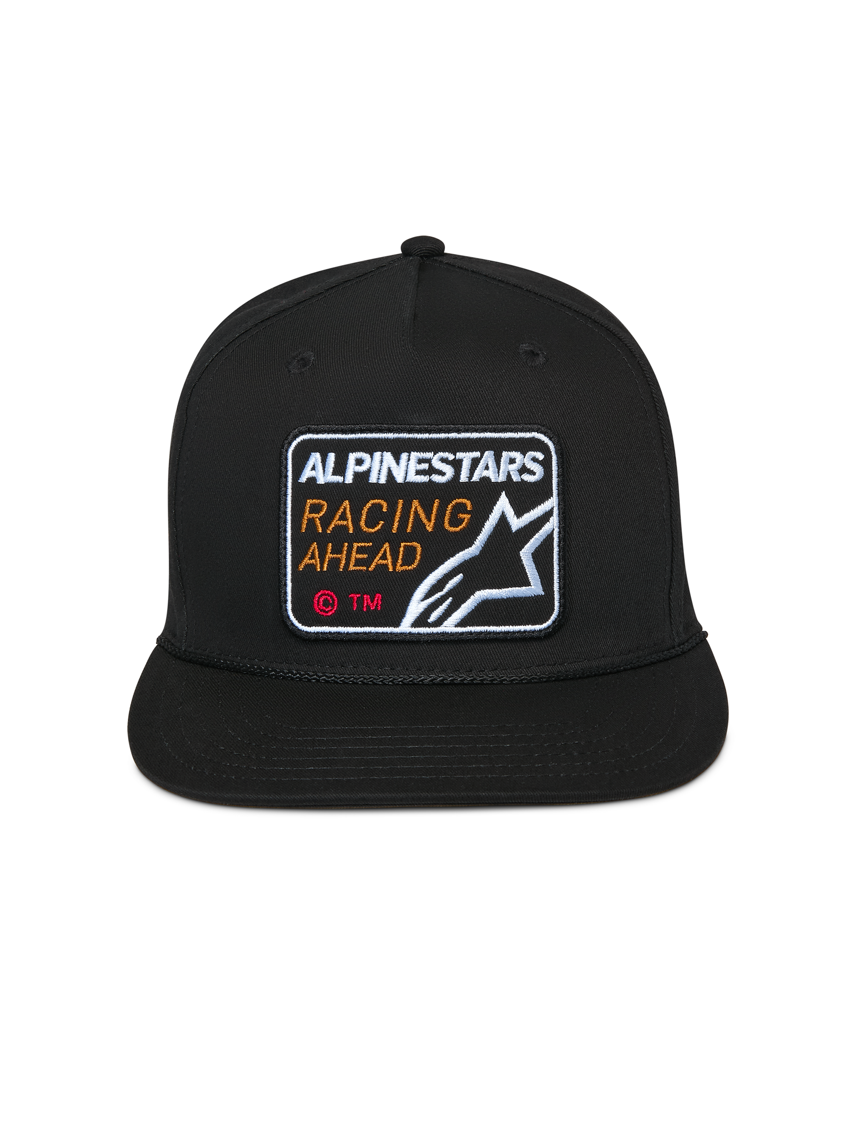 Alpinestars Intuitive Snapback-Kappe, Schwarz, Bestickter Alpinestars Racing Ahead Aufnäher vorne, Flacher Schirm mit strukturierter Krone, Lässige Motorsport-Kopfbedeckung