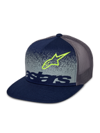 Alpinestars Component Trucker-Mütze, Navyblau und Grau, flacher Schirm mit strukturierter Krone, graue Mesh-Rückseite, mit limettengrüner Astars-Logo-Kontur und navyblauem Schriftzug über einem grau gesprenkelten Frontpanel mit MX-Farbverlauf.