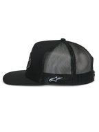 Alpinestars Contender Trucker Hat, side profile, Black, flat bill with structured crown, breathable poly mesh back, featuring white Astars logo embroidery on the side, casual motorsport-inspired headwear
