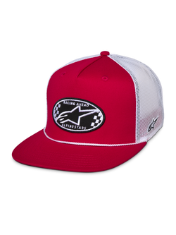Alpinestars Contender Trucker Hat, Red and White, Flat bill snapback featuring a front oval checkered Astars embroidery patch, white poly mesh back, casual motorsport streetwear