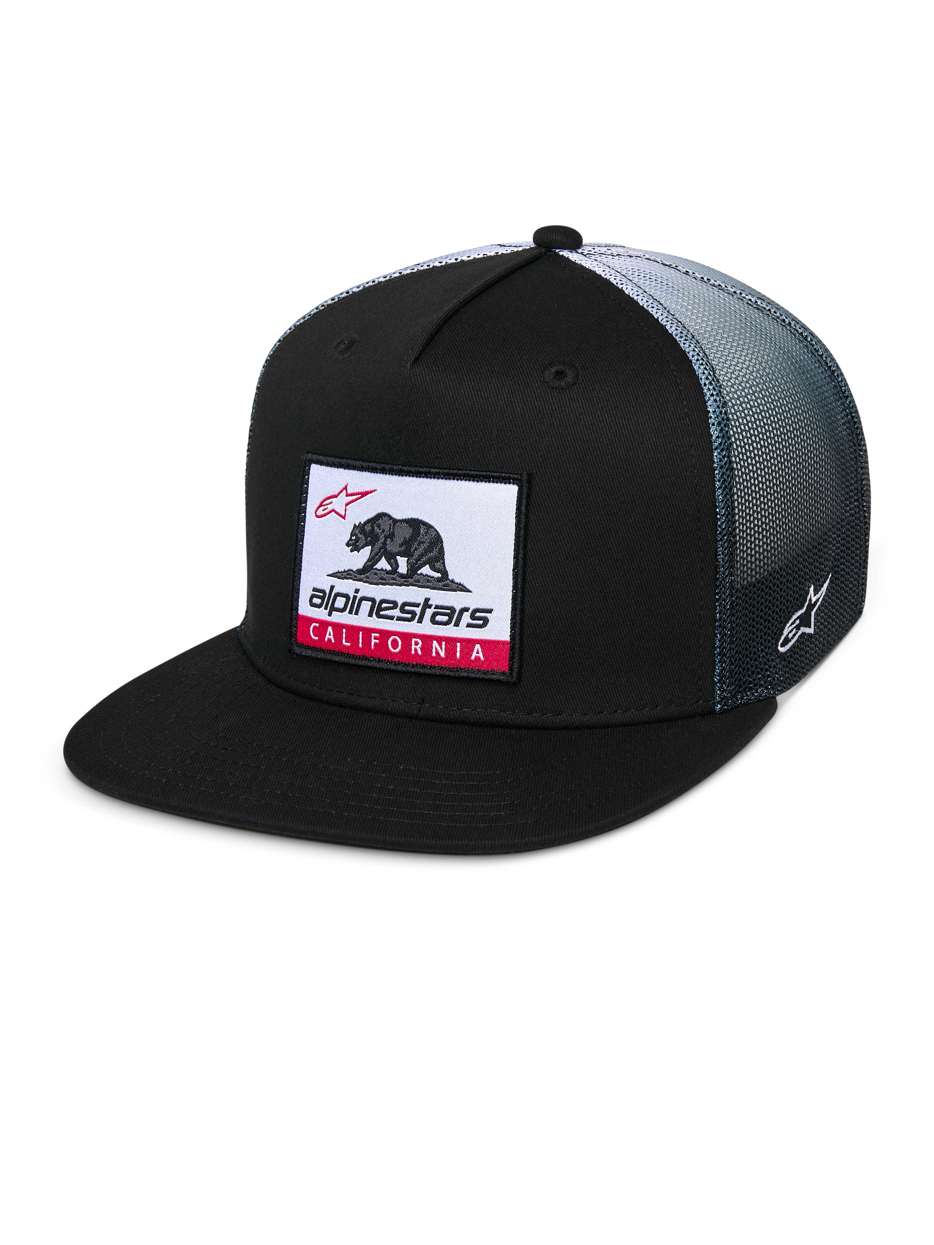 Alpinestars Cali Gradient Trucker Hat, Trucker Cap, Black with grey gradient mesh back, featuring a Cali Bear woven label patch with red accents, flat bill, side Astars logo embroidery, casual sportswear