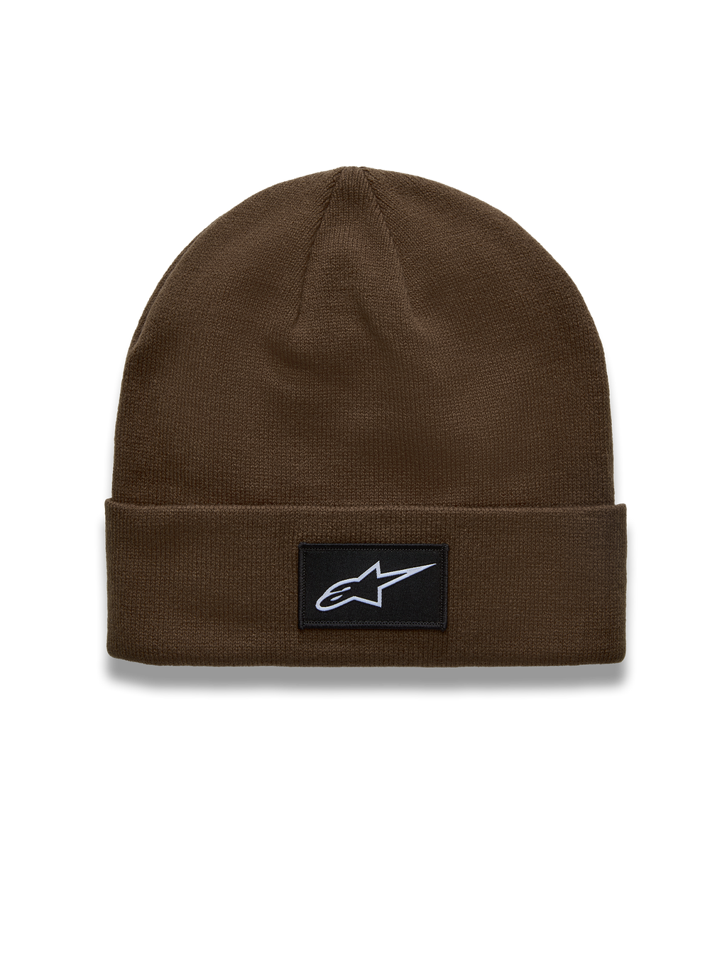 Alpinestars Augment Cuff Mütze, Sportswear-Strickmütze in Braun, mit gewebtem Astars Logo Patch auf dem Umschlag.