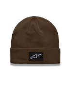 Alpinestars Augment Cuff Mütze, Sportswear-Strickmütze in Braun, mit gewebtem Astars Logo Patch auf dem Umschlag.