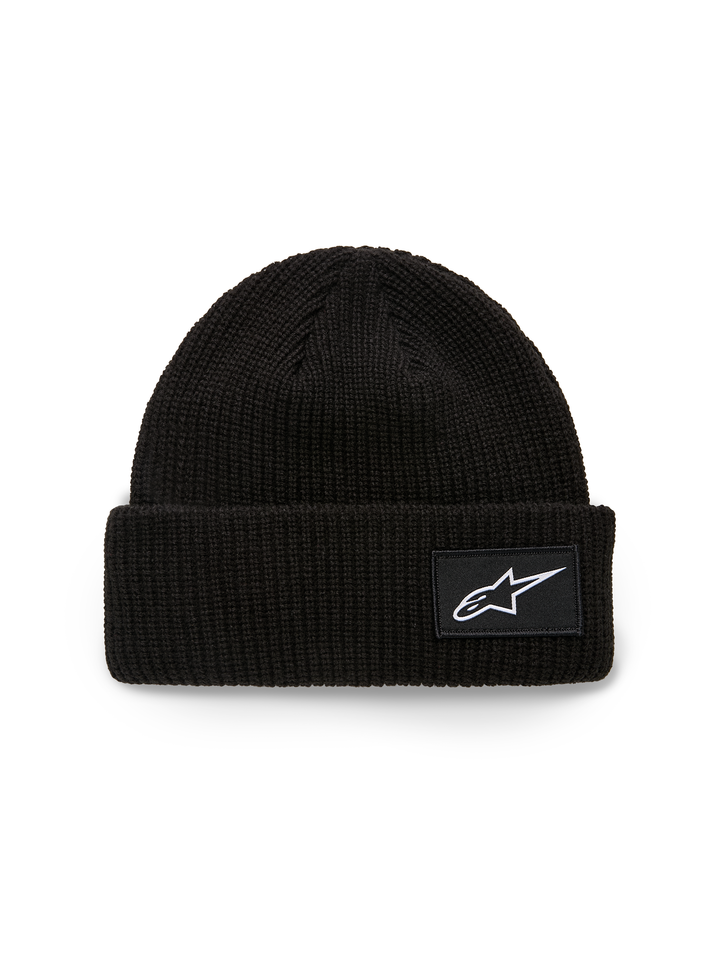 Alpinestars Unload Rib Cuff Beanie, Strickmütze, Schwarz, mit geripptem Umschlag und gewebtem Astars Logo-Aufnäher in Weiß, flache Passform, lässige Sportbekleidung