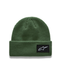 Alpinestars Unload Rib Cuff Mütze, grüne Rippstrick-Sportswear-Mütze, gewebter Astars-Logo-Aufnäher auf dem Umschlag.