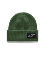 Alpinestars Unload Rib Cuff Mütze, grüne Rippstrick-Sportswear-Mütze, gewebter Astars-Logo-Aufnäher auf dem Umschlag.