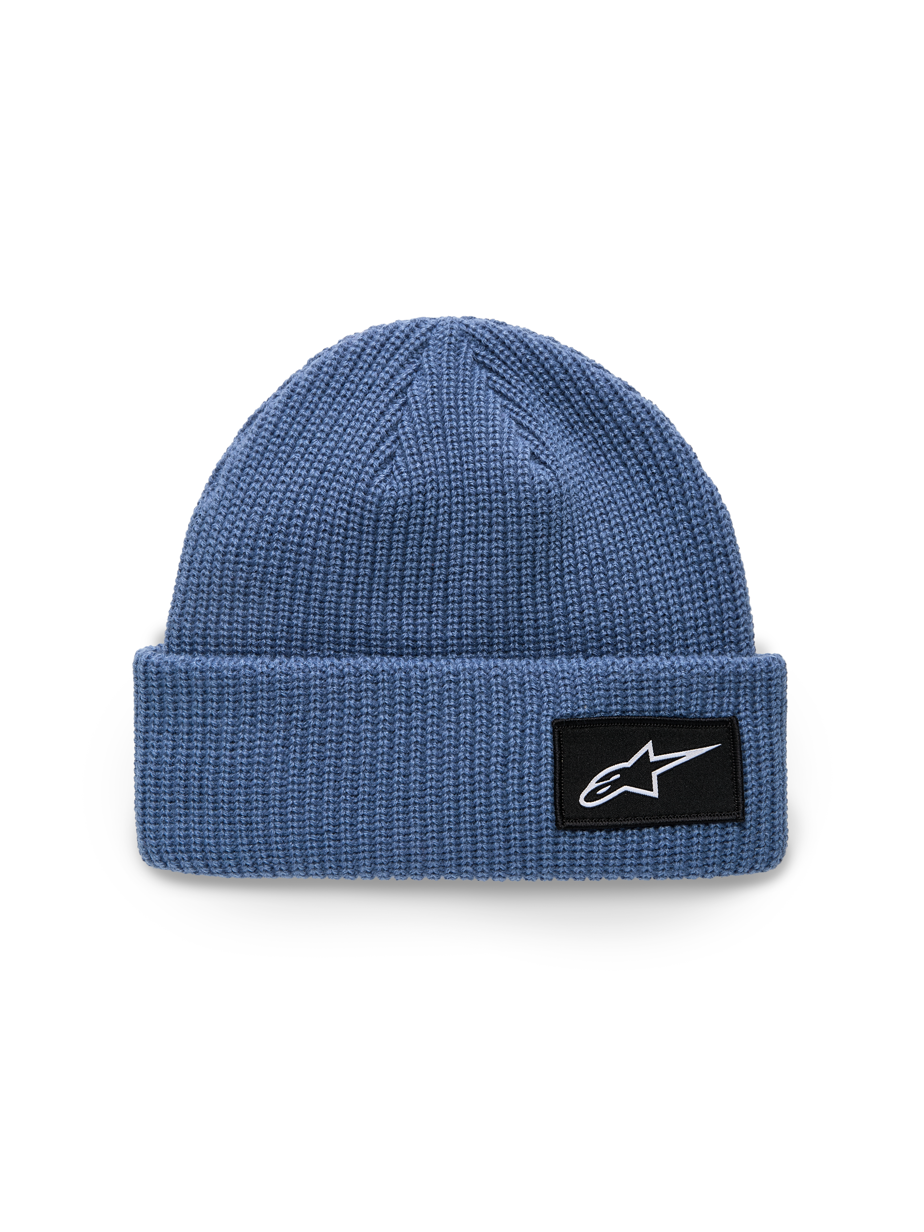 Alpinestars Unload Rib Cuff Beanie, Blue, knit jersey stitch construction, shallow fit with folded cuff, black woven patch with white Astars logo, casual sportswear headwear