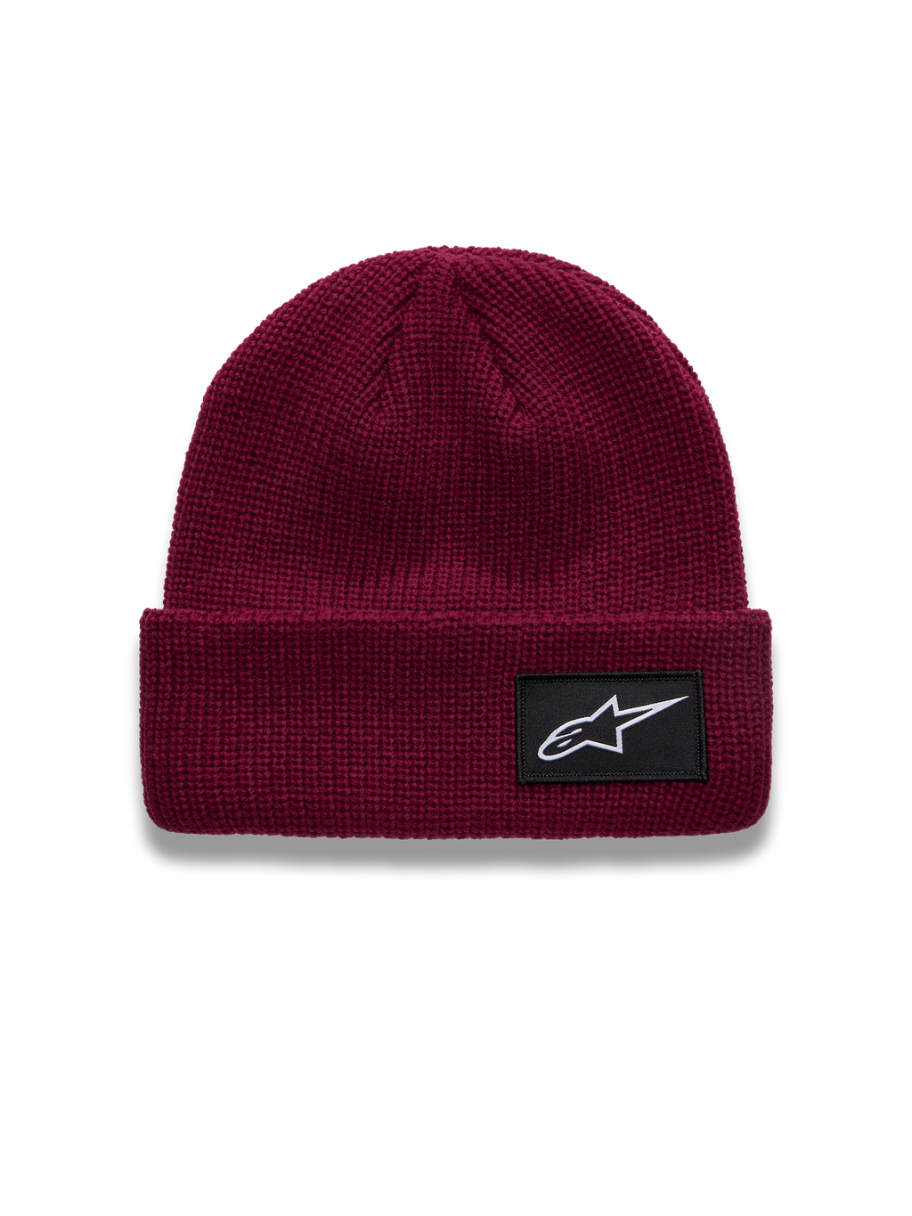 Alpinestars Unload Rib Cuff Mütze in Beerenrot, mit Strickjersey-Stich und schwarzem Astars-Logo-Abzeichen.