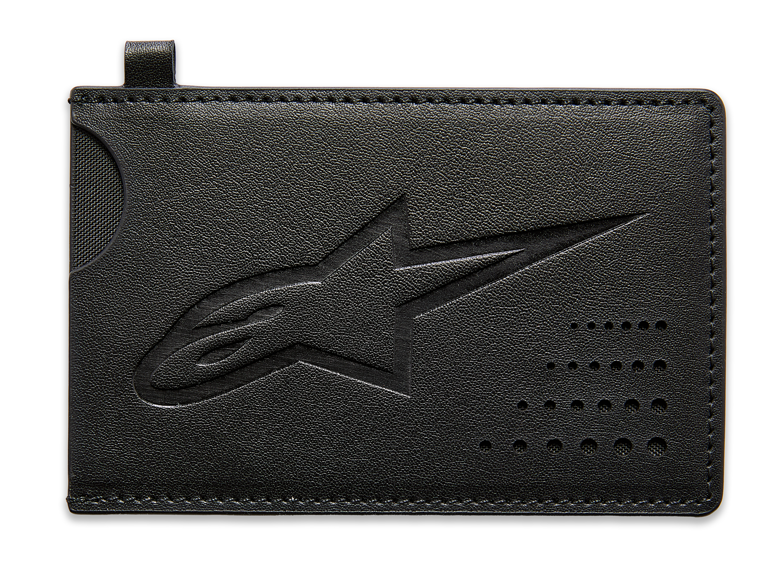Alpinestars Ageless Credit Card Holder, Black split leather card case, debossed Astars logo, curved notch for easy card retrieval, perforated dot detail, slim motorsport-inspired accessory