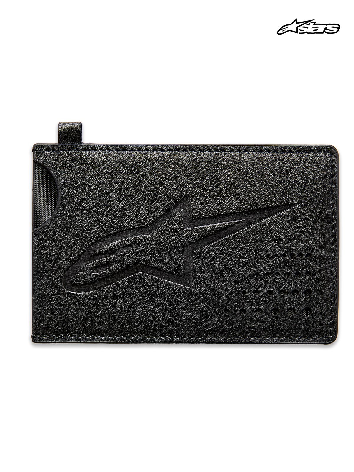 Alpinestars Ageless Credit Card Holder, unisex sportswear card case, black split leather, featuring a debossed Astars logo and curve notch pocket