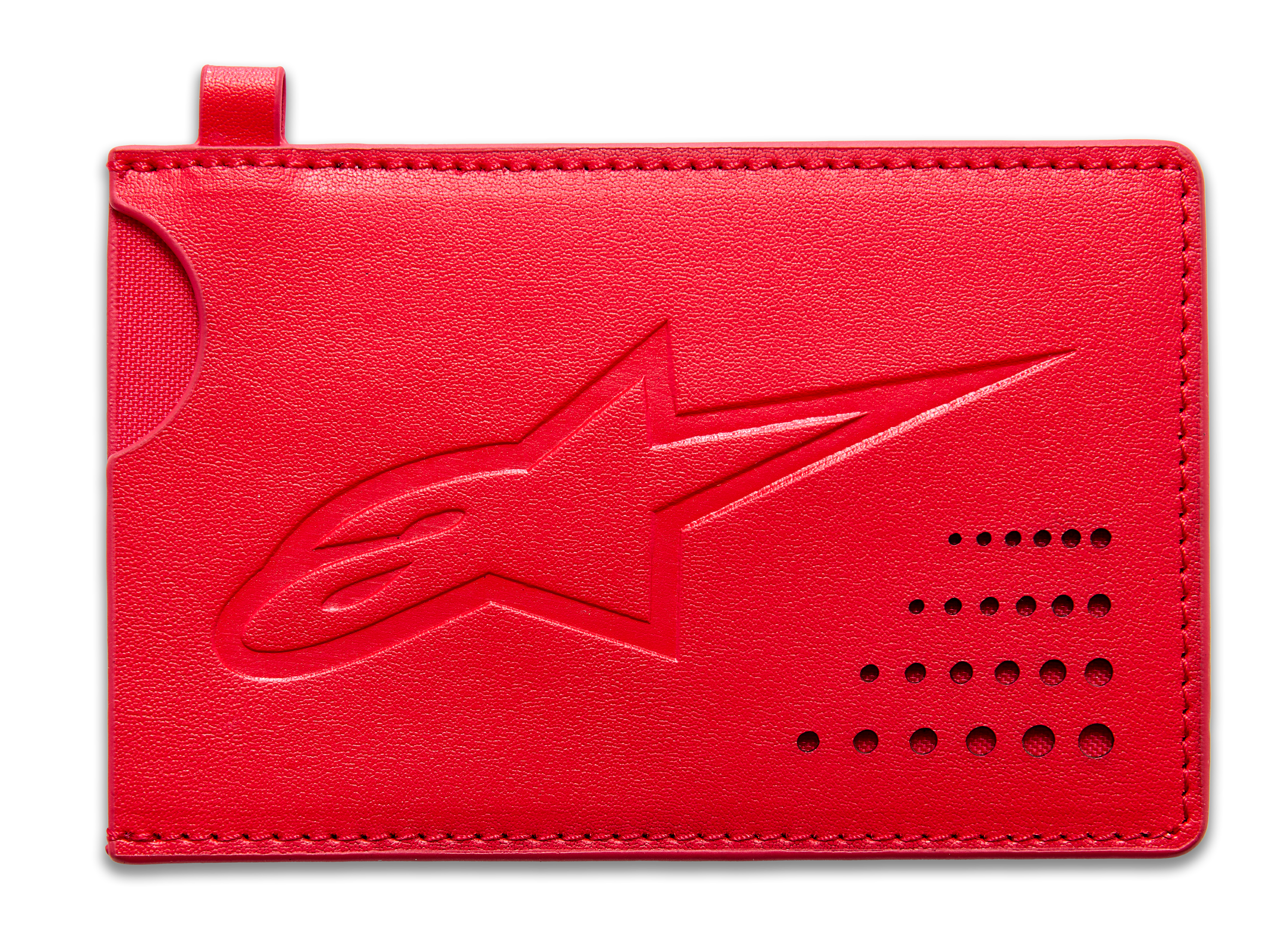 Alpinestars Ageless Kreditkartenhalter, minimalistisches rotes Leder-Kartenetui mit geprägtem Logo und gebogener Kerbe.