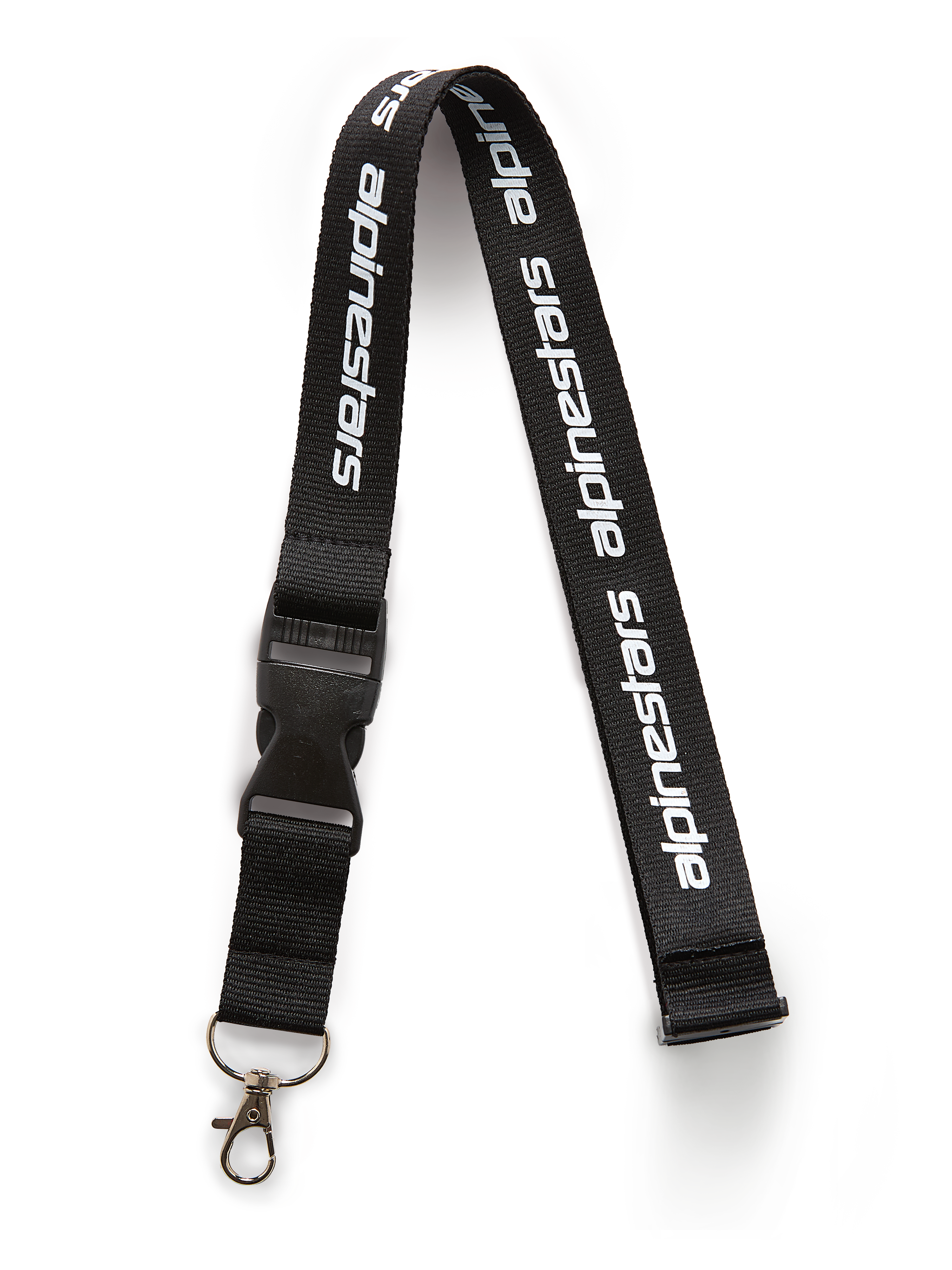 Alpinestars Linear Schlüsselband, Schwarz und Weiß, schwarzes Band mit weißem Alpinestars Wortlogo-Druck, mit schwarzem Kunststoff-Sicherheitsverschluss und Metall-Drehclip, lässiges Sportswear-Accessoire