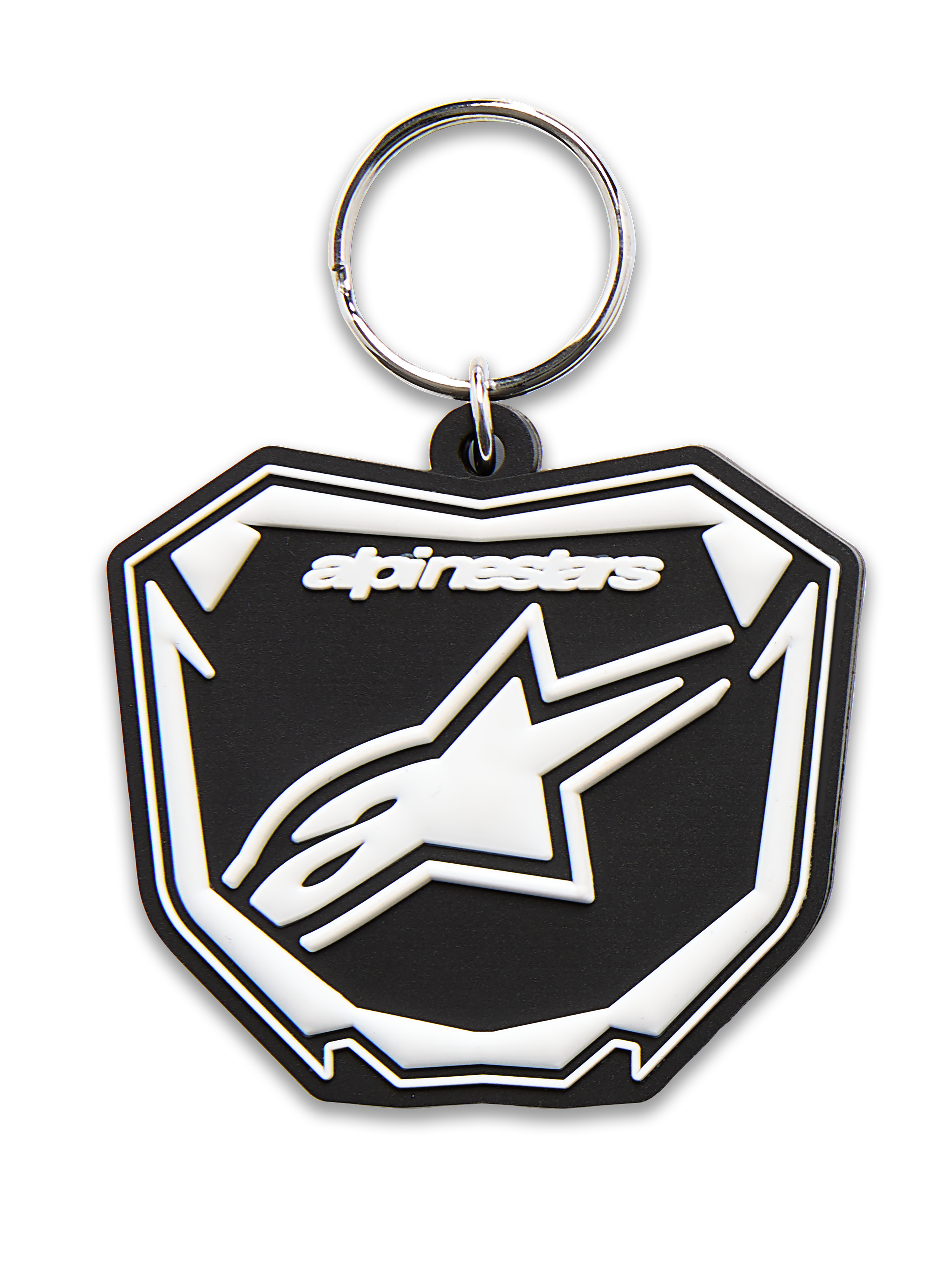 Alpinestars Plate Schlüsselanhänger, 3D-geformter Schlüsselanhänger, Schwarz und Weiß, mit Astars MX-Plattengrafik, weißem Logo und Text, silberner Metall-Schnappring, vom Motorsport inspiriertes Accessoire