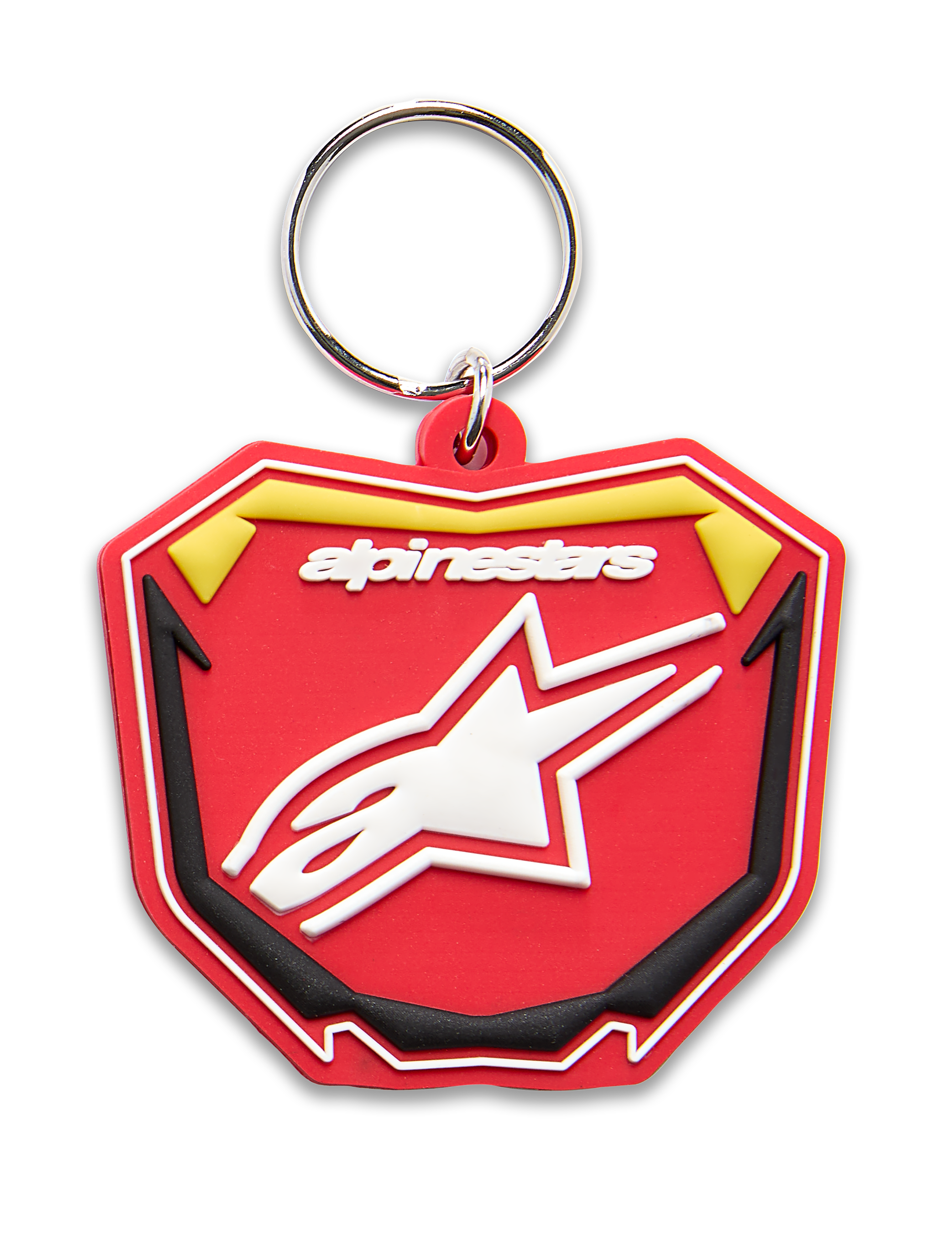 Alpinestars Plate Schlüsselanhänger, 3D-geformter Schlüsselanhänger, Rot, Gelb und Schwarz, weißes Alpinestars-Logo und Astars-Sternsymbol, silberner Metall-Schnappring, Motorsport-inspiriertes MX-Platten-Design