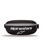 Alpinestars Only Linear Hüfttasche, Hüfttasche, Schwarz mit weißen Logos und grauem Reißverschluss, Vorderansicht mit Alpinestars-Schriftzug und Stern-Logo, strapazierfähige Polyester-Konstruktion, kompakte Hüfttasche für den täglichen Gebrauch